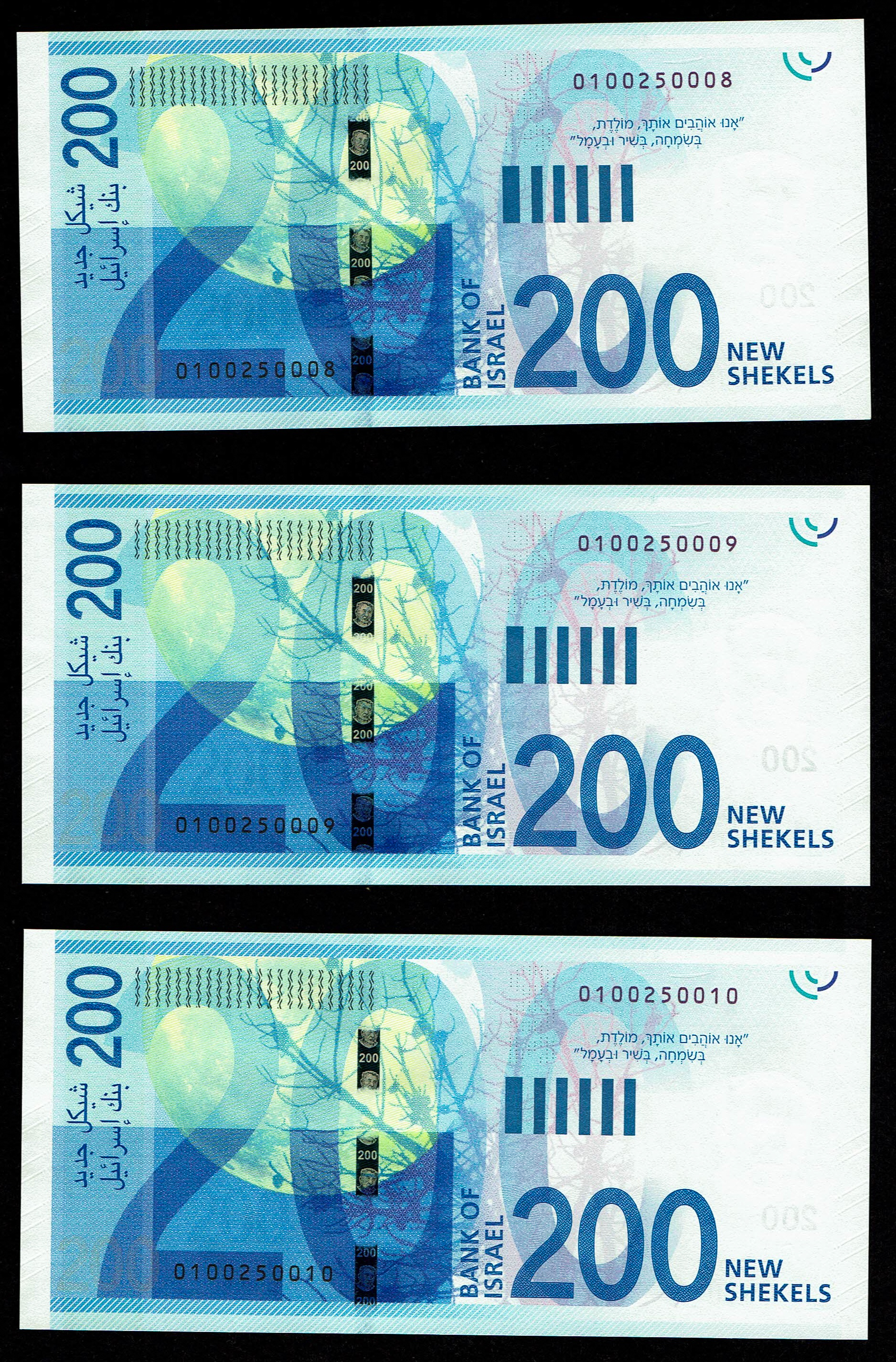 Israel - Lot of 6 Banknotes of 200 Shekels 2016, 2020 - "New Shekel Series C" - UNC - 1 4