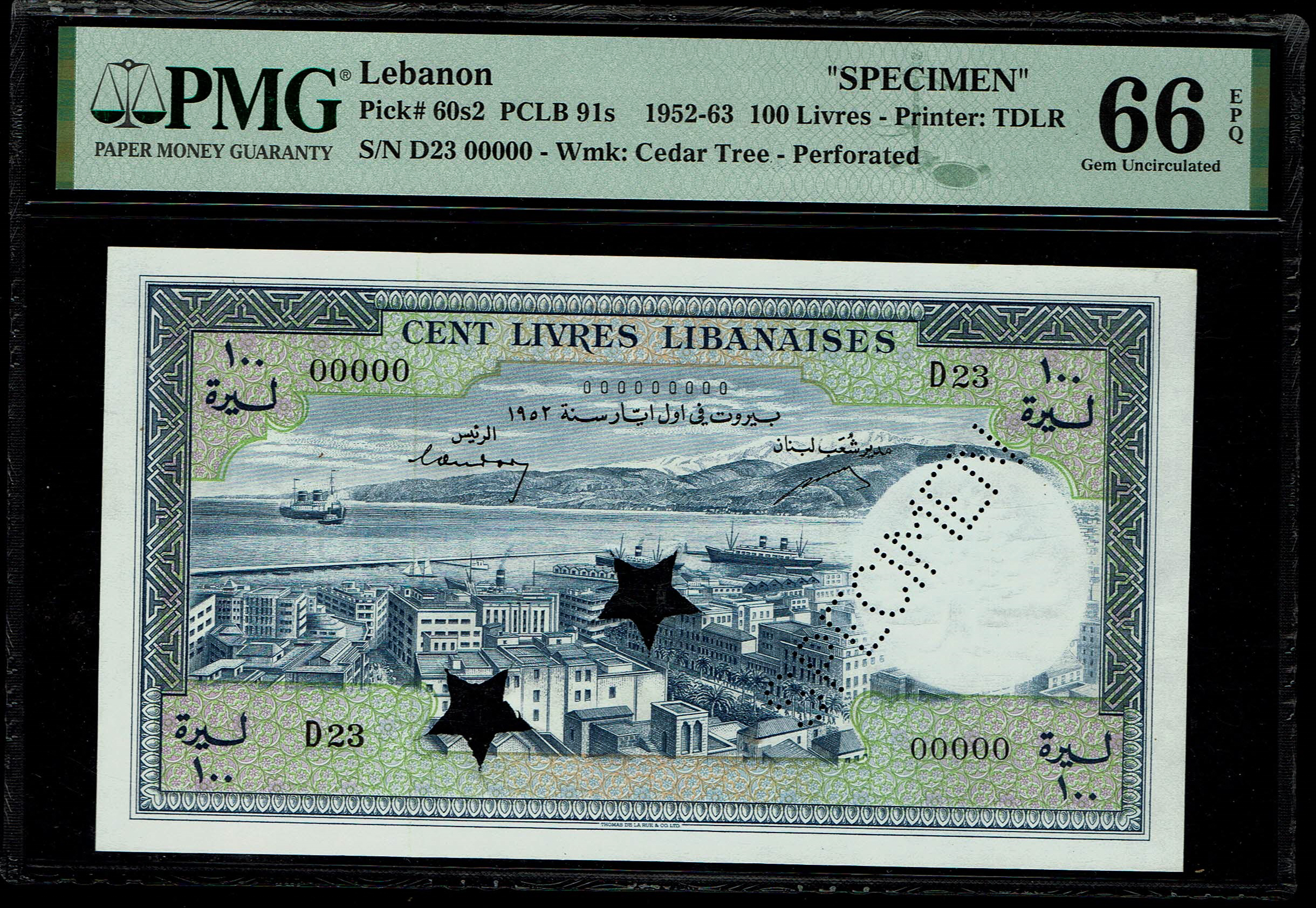 Lebanon - 100 Lirot 1952 - SPECIMEN - PMG 66 EPQ. - 1 0