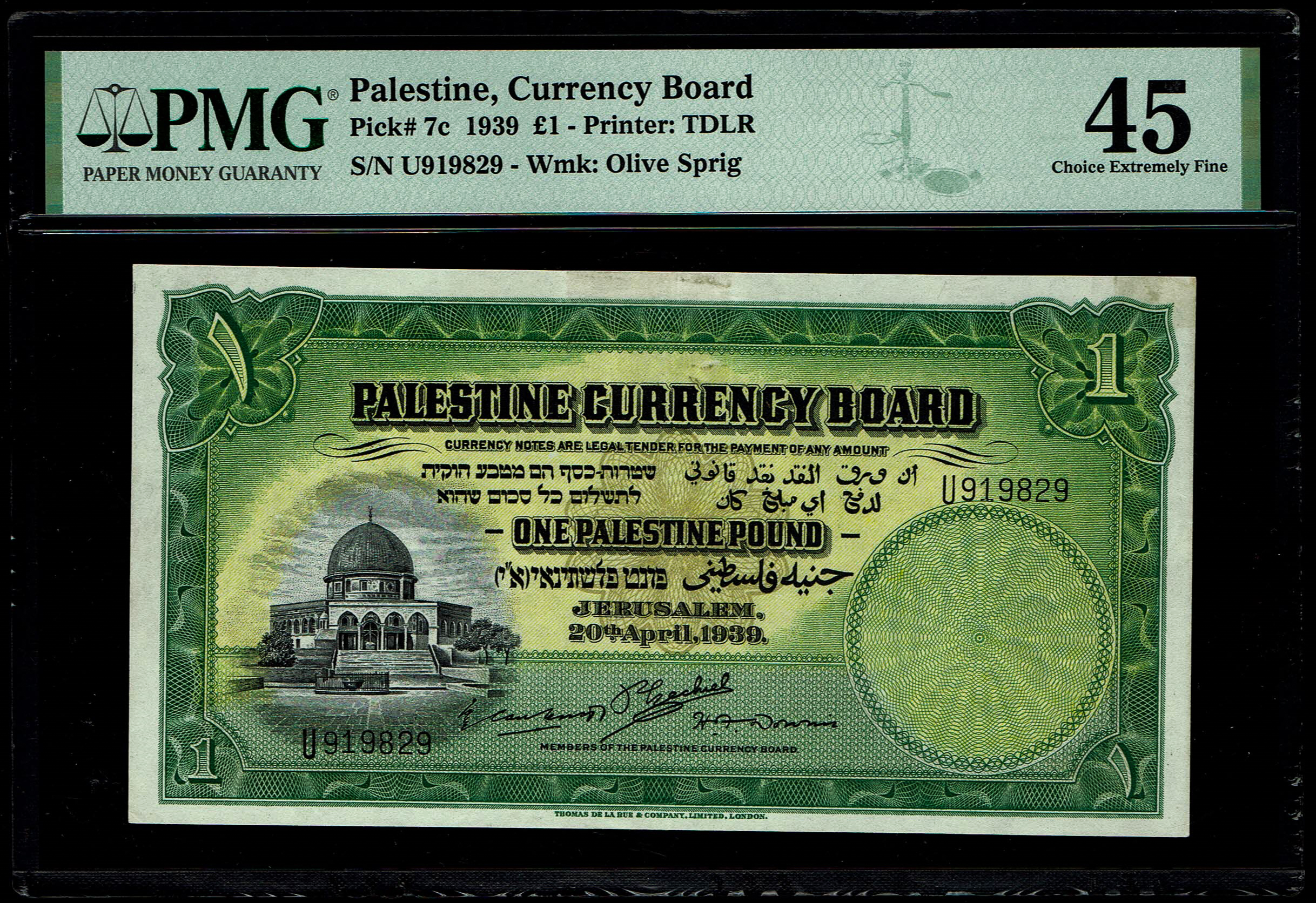 Palestine - 1 Pound 1939 - PMG XF 45 - Prefix U - 1 0