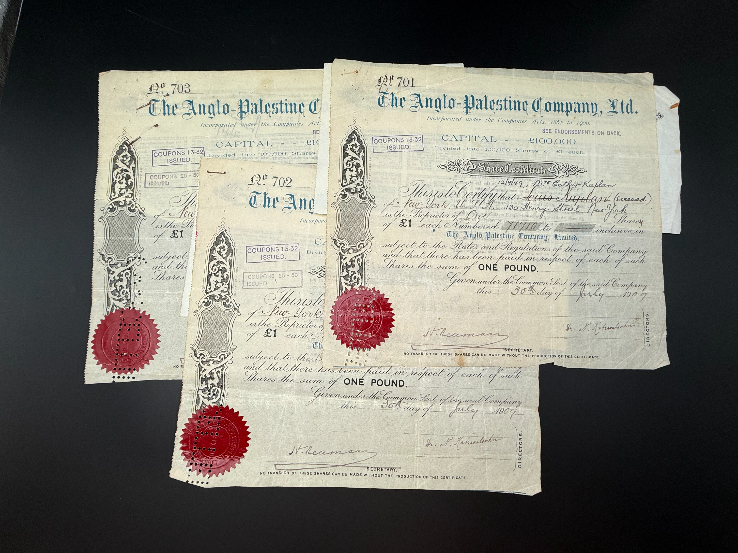 Palestine / Israel - 3 Anglo Palestine Share Certificates, 1 Pound 1909, Consecutive Serial Number - 1 0