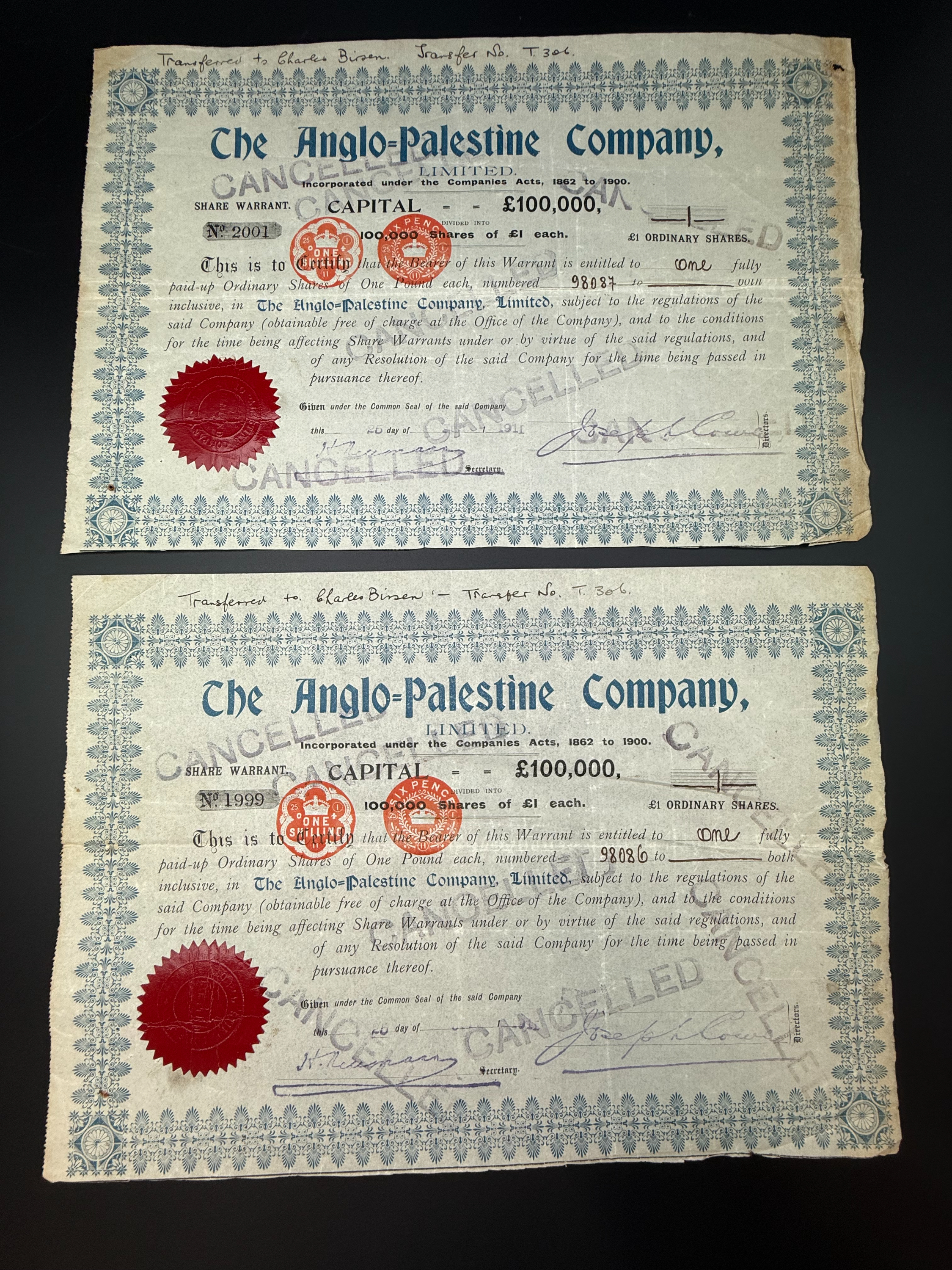 Palestine / Israel - 2 bonds, Anglo Palestine, 100,000 pounds 1911, serial number almost consecutive (1999, 2001) - 1 0