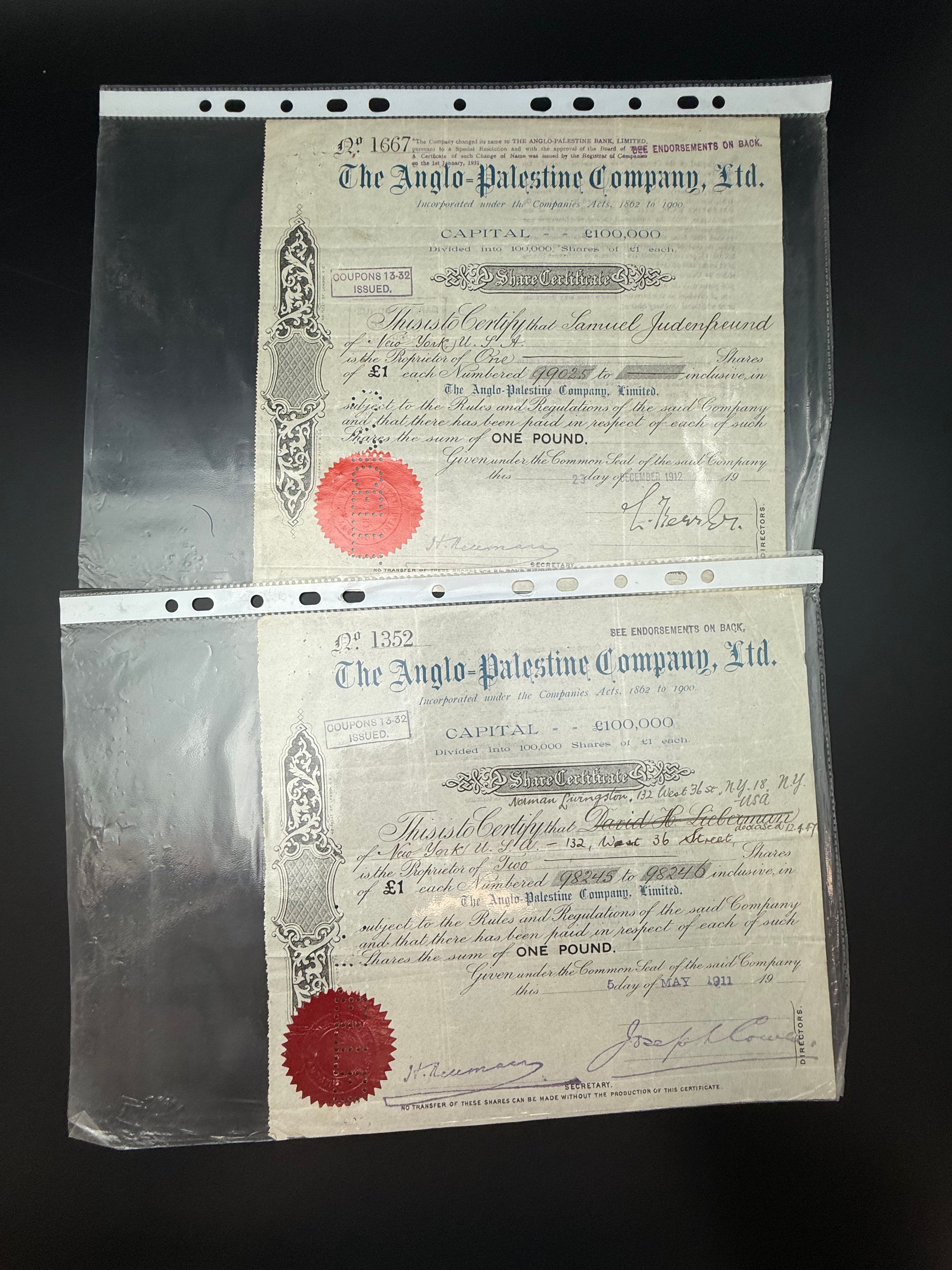 Palestine / Israel - 2 bonds, Anglo Palestine New York Branch, 100,000 pounds 1912 - 1 0