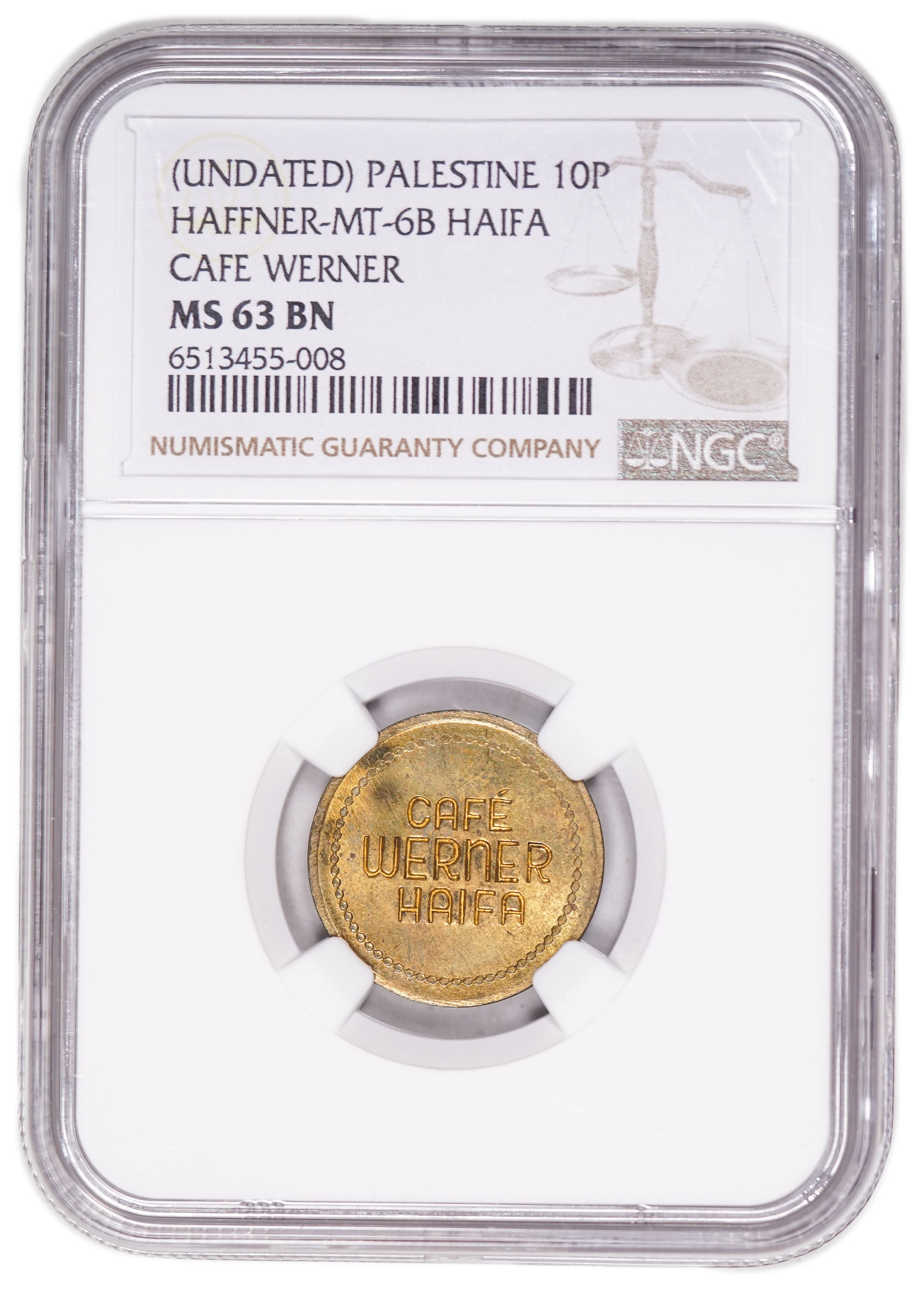 Palestine - Cafe werner token - 10 MIls 1930', bronze - NGC MS 63 BN - Rare in this high grade - 1 2
