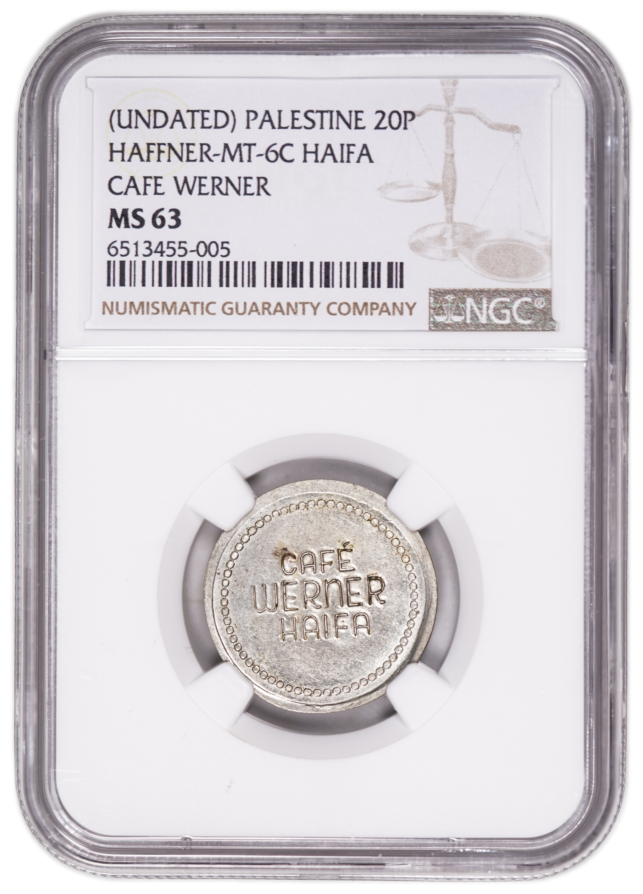 Palestine - Cafe werner token - 20 MIls 1930', bronze, copper-nickel - NGC MS 63 - 1 2