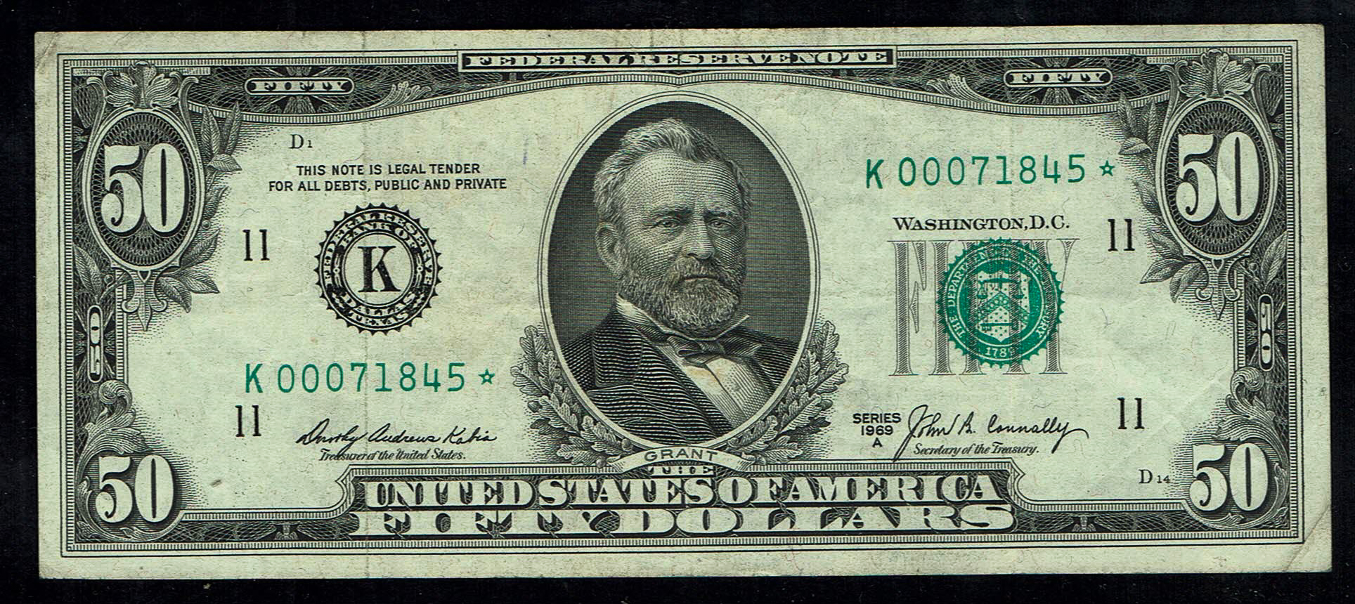 USA - 50 Dollars 1969 - Star note, Printing error, the green stamp is not centered - VF - 1 0