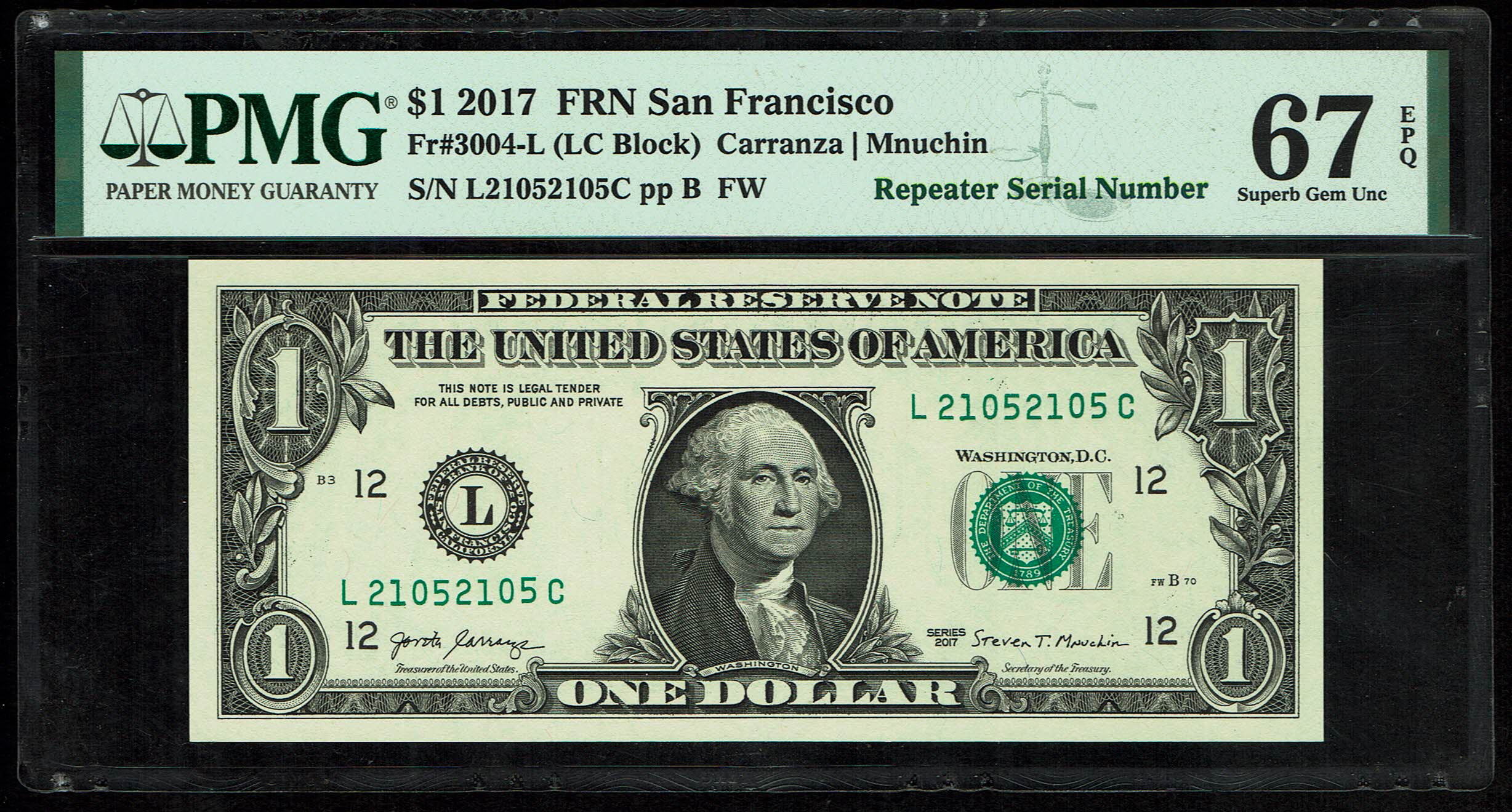 USA – 1 Dollar 2017 Banknote – Repeater Serial Number – "2105", "2105" – PMG 67 EPQ - 1 0