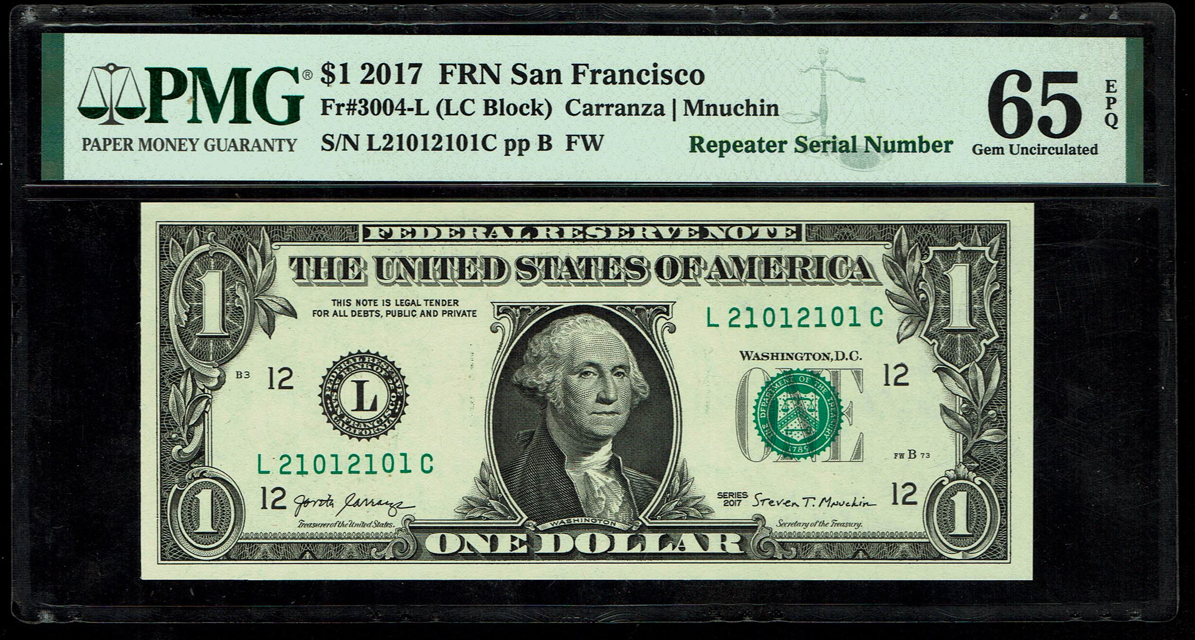 USA – 1 Dollar 2017 Banknote – Repeater Serial Number – "2101", "2101" – PMG 65 EPQ - 1 0