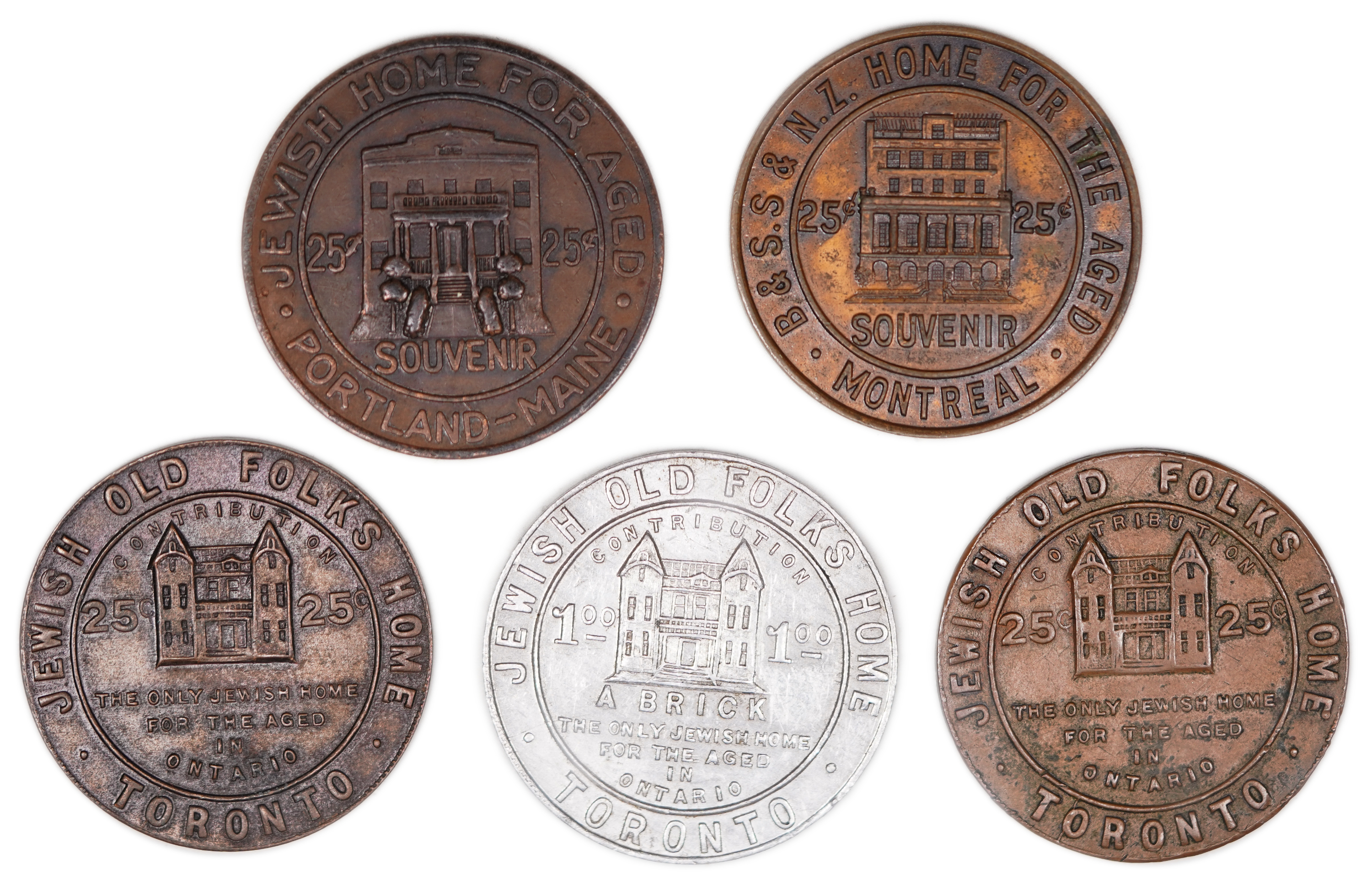 Judaica / Zionism - USA and Canada, Five Jewish Charity Tokens for Homes for the Aged - 1930s-1940s - 1 1