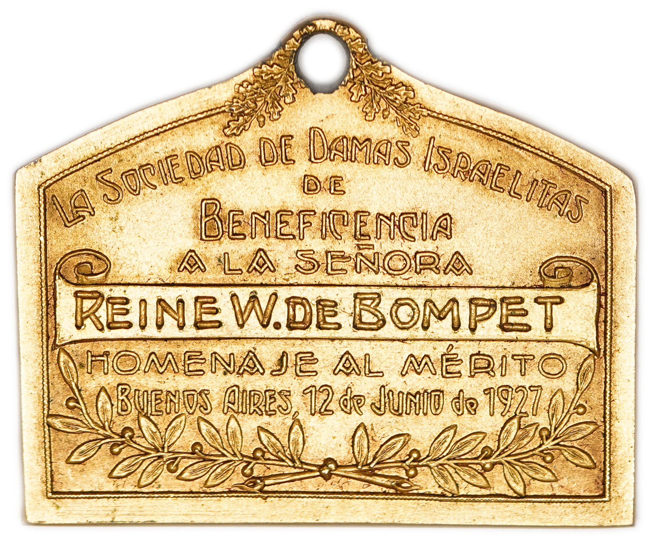 Judaica / Zionism - Argentina, Medal of the Jewish Orphanage and Mrs. Reine W. de Bompét, 1927 - 1 1