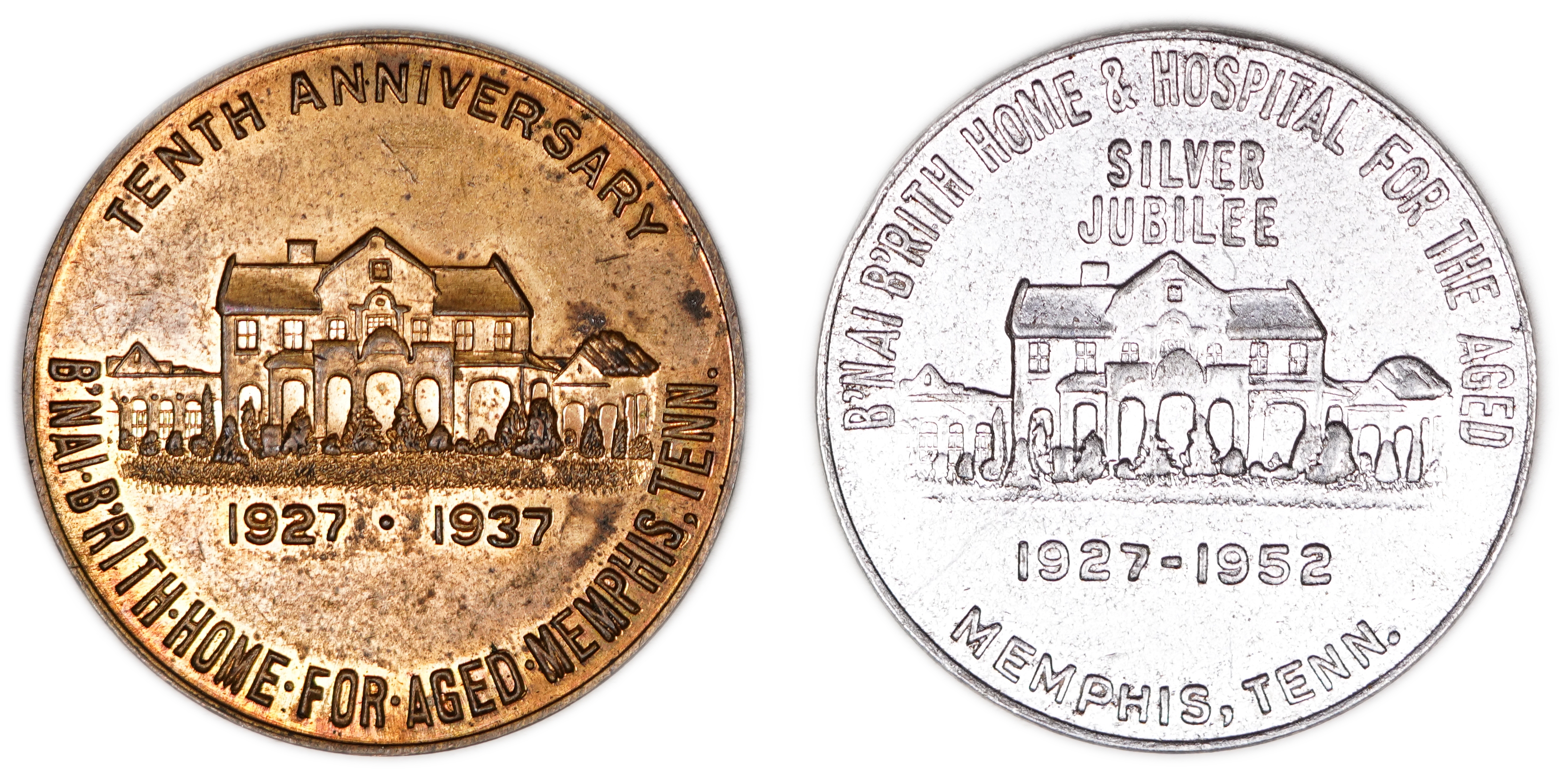 Judaica / Zionism - USA, Pair of Tokens B’nai B’rith Home & Hospital for the Aged, Memphis, Tennessee 1937, 1952 - 1 0
