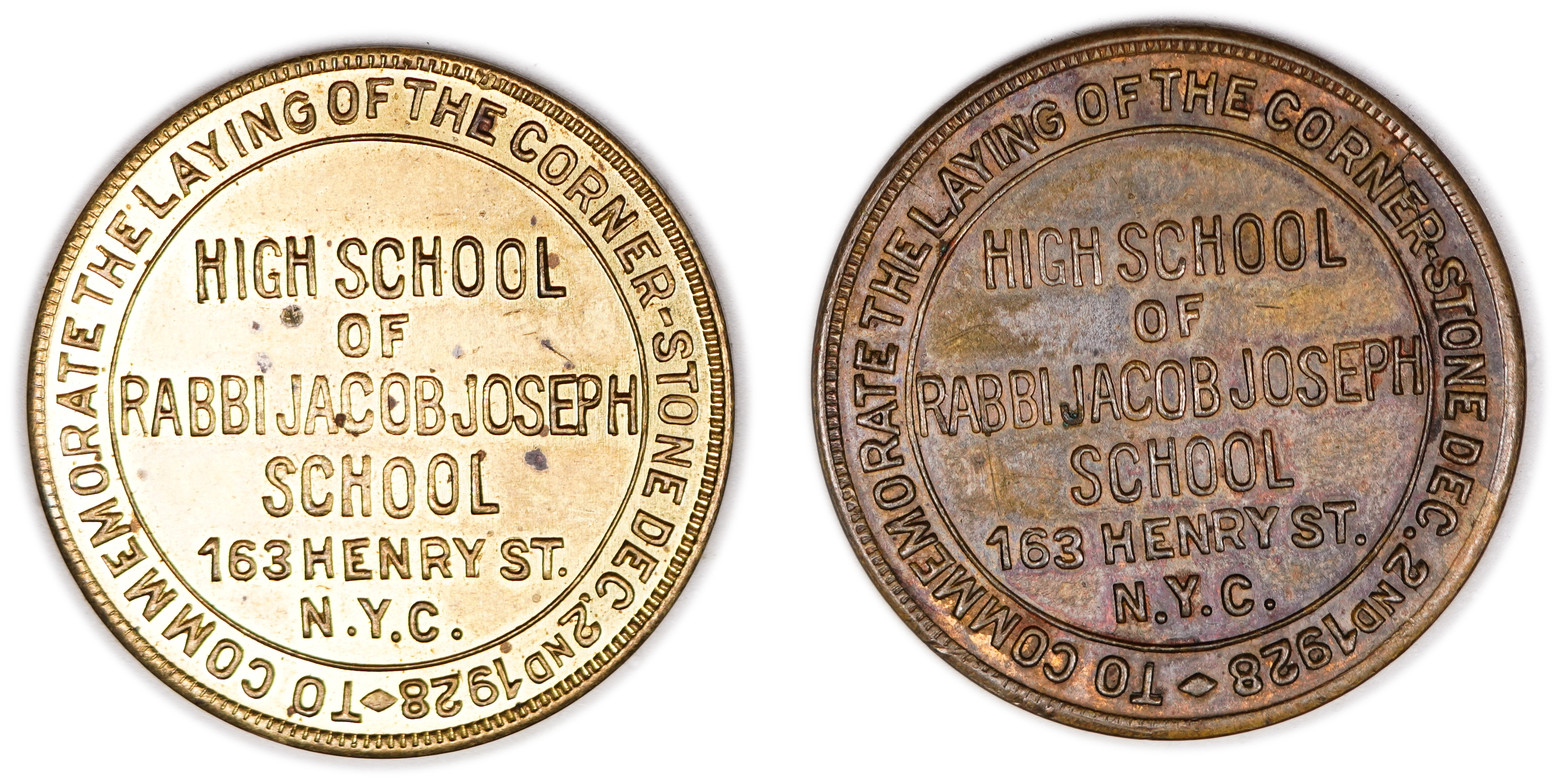Judaica / Zionism - USA, Two Medals of Rabbi Jacob Joseph School - New York, 1928 - 1 1