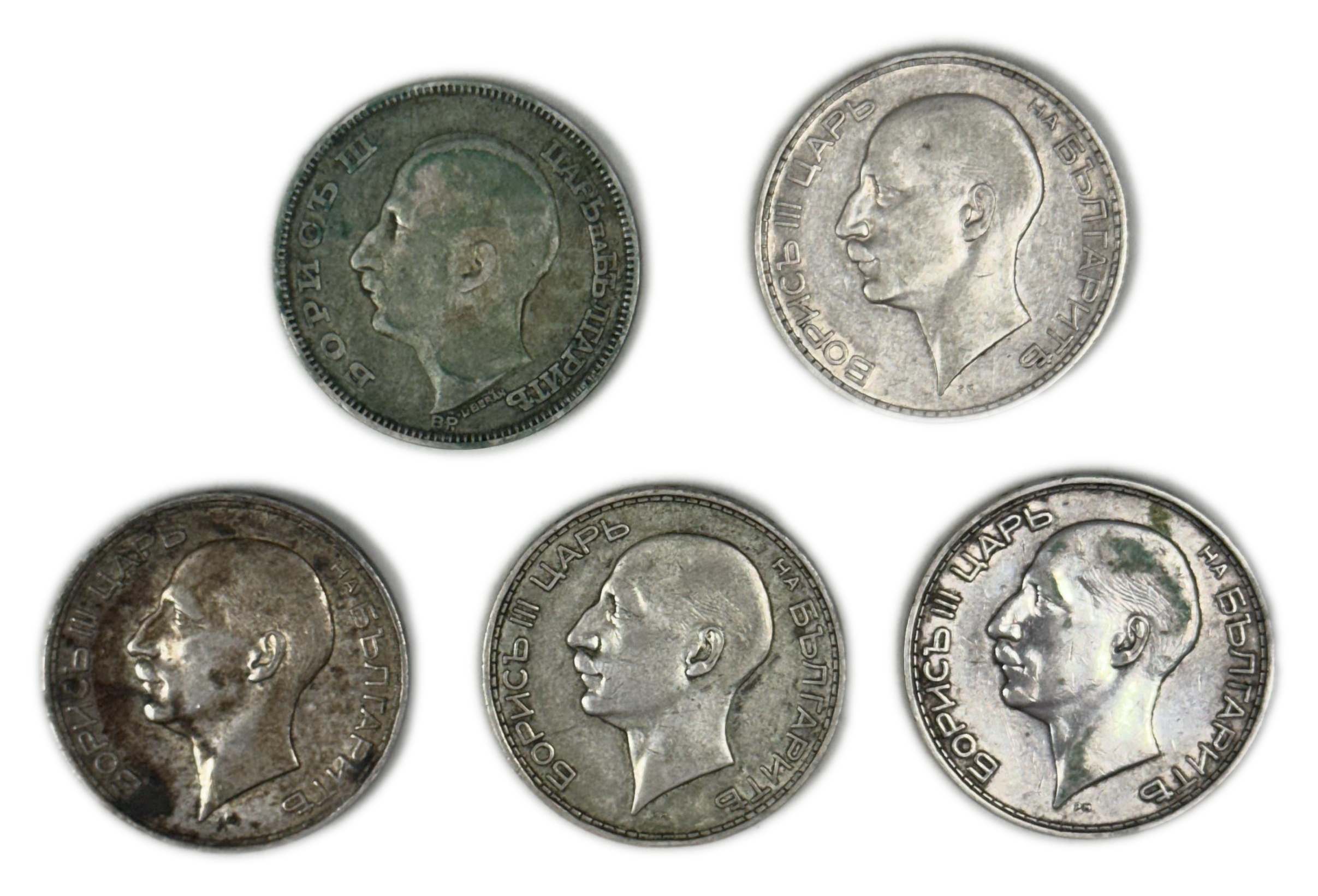 Bulgaria - Lot of 5 coins of 100 Leva 1930, 1934, 1937 - Boris III - Silver 500, 20g, 34mm - 1 1