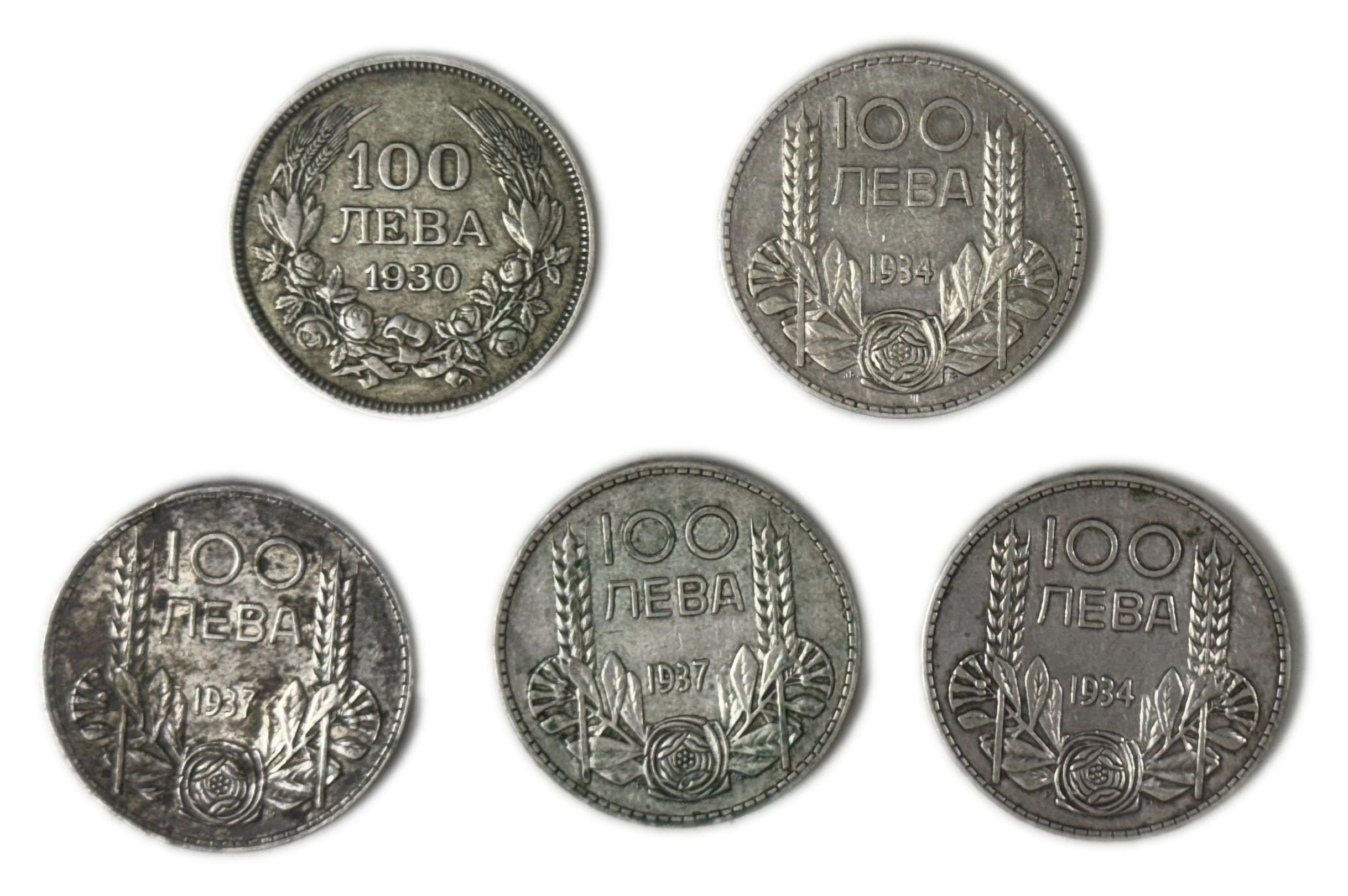 Bulgaria - Lot of 5 coins of 100 Leva 1930, 1934, 1937 - Boris III - Silver 500, 20g, 34mm