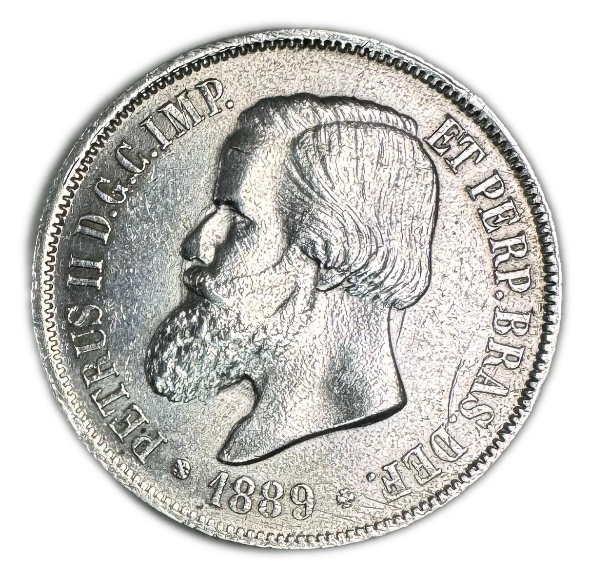 Brazil - 2000 Reis 1889 - Pedro II - Silver 916, 25.5g, 37mm
Obverse: Head Pedro II left.
Reverse: ...