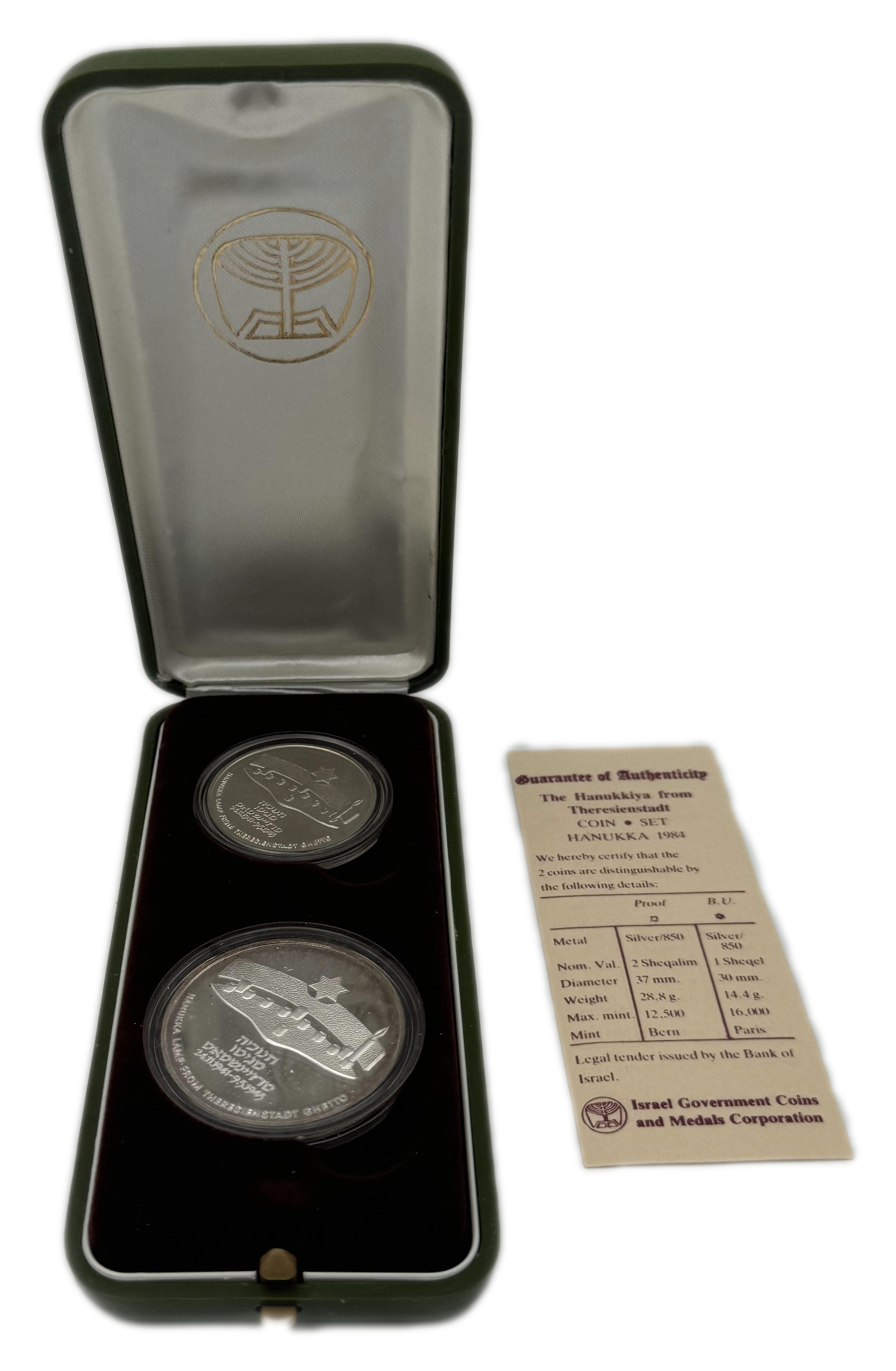 Israel - 1 and 2 Shekels 1984 - Hanukka Lamp from Theresienstadt - UNC - Silver 850, 14.4g, 28.8g
Hanukka ... - 1 2