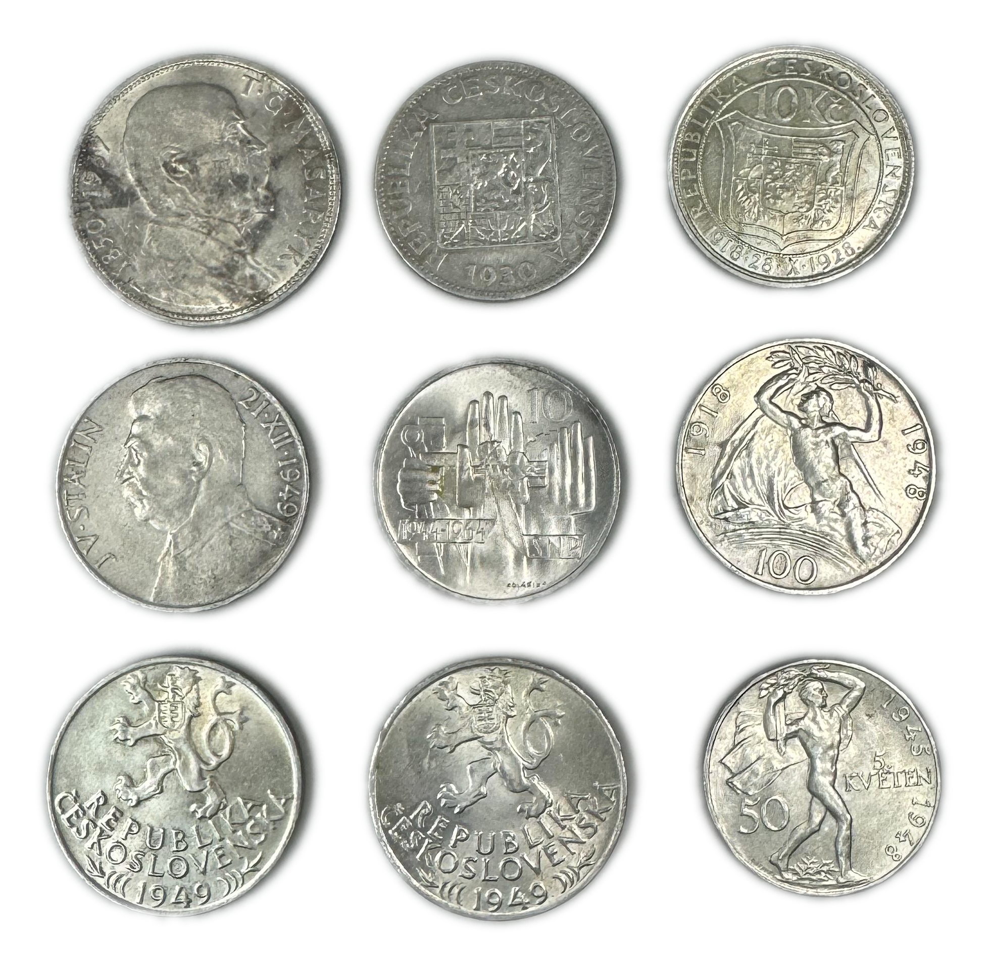 Czechoslovakia - Lot of 9 coins, all made of silver 500 - Different dates, values and conditions - total weight ...