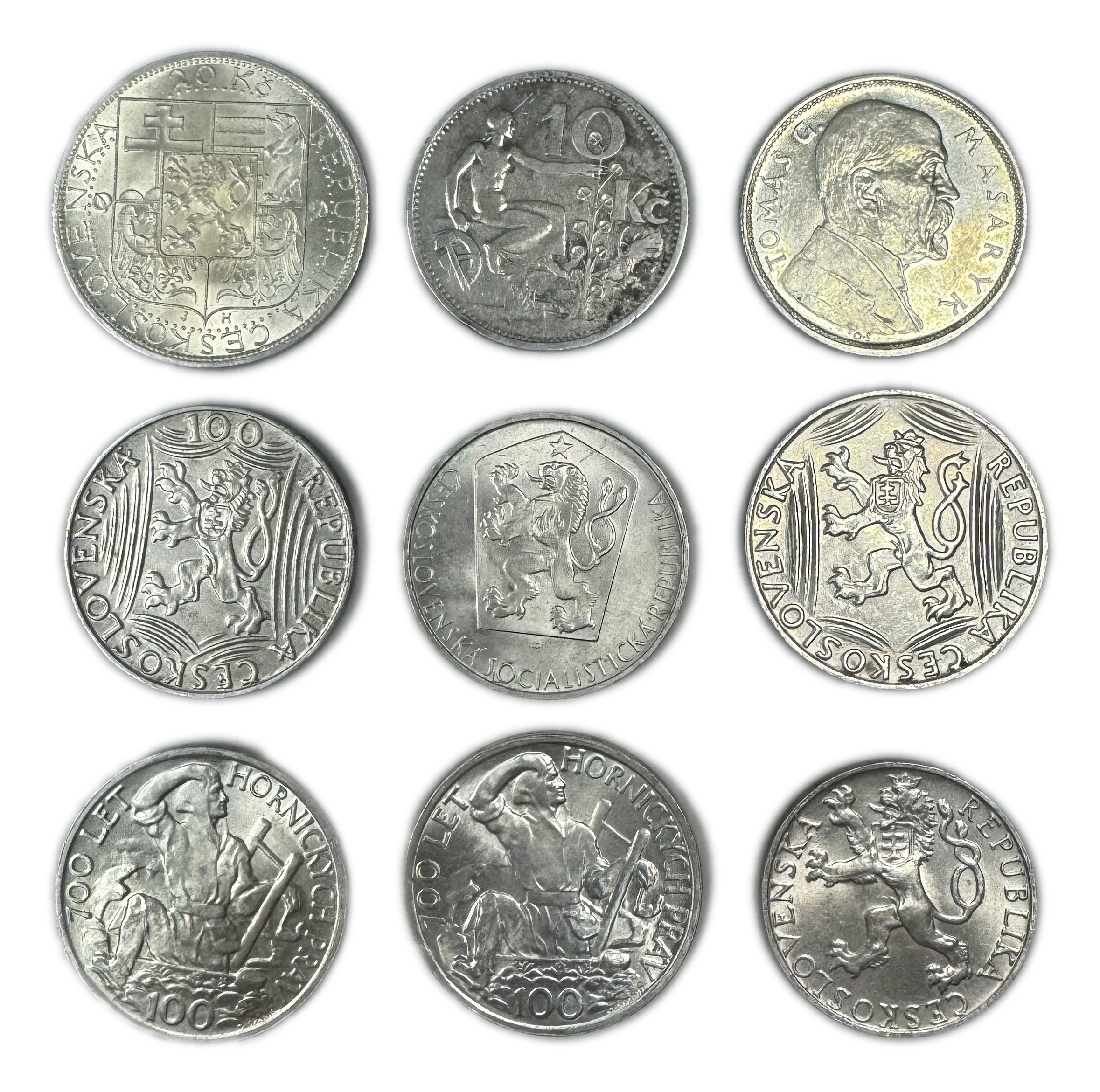 Czechoslovakia - Lot of 9 coins, all made of silver 500 - Different dates, values and conditions - total weight ... - 1 1
