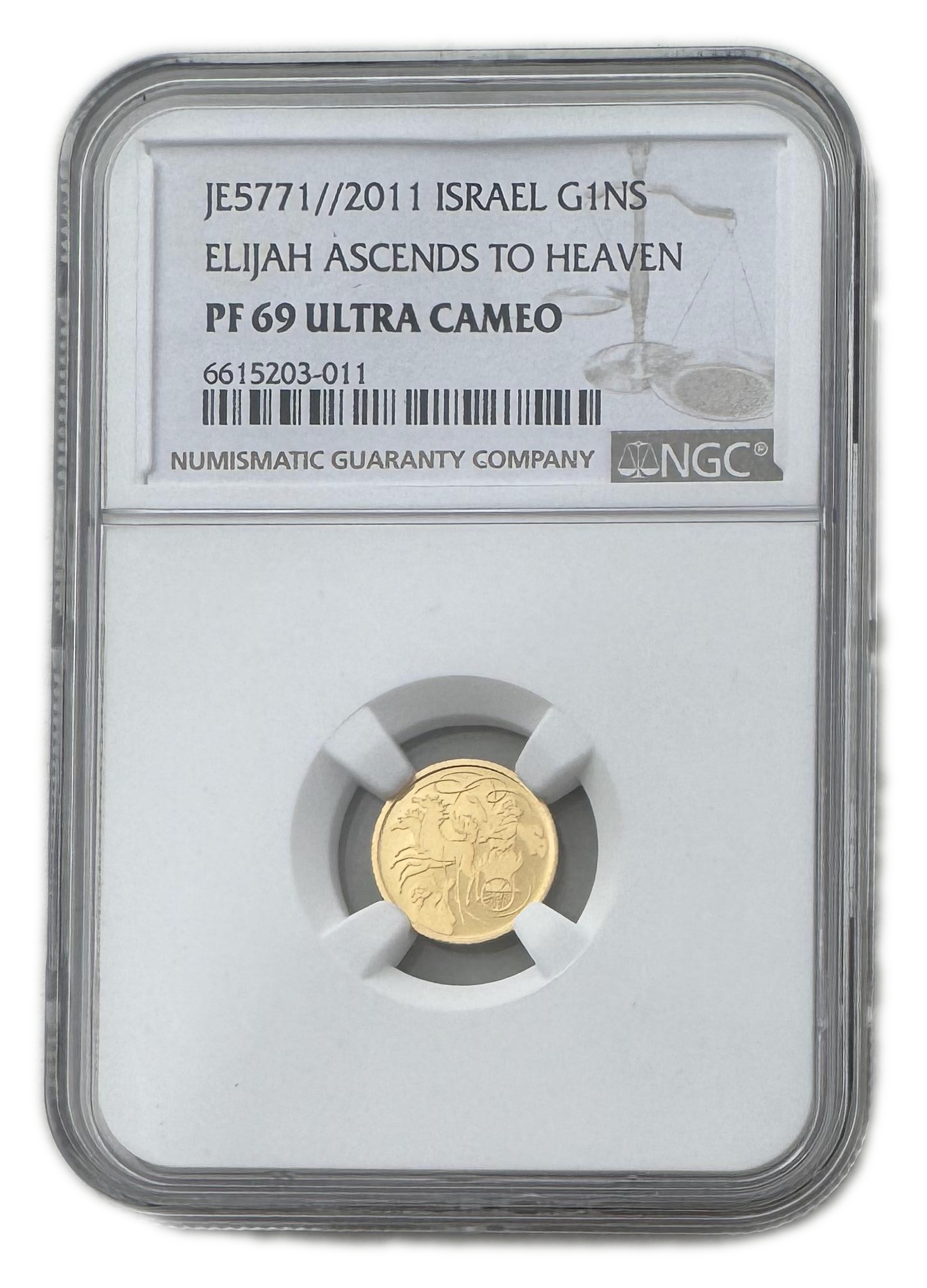 Israel - 1 Shekel 2001 - ELIJAH WENT UP BY A WHIRLWIND INTO HEAVEN - NGC PF 69 - Gold 999, 1.24g, 13.92mm - 1 2