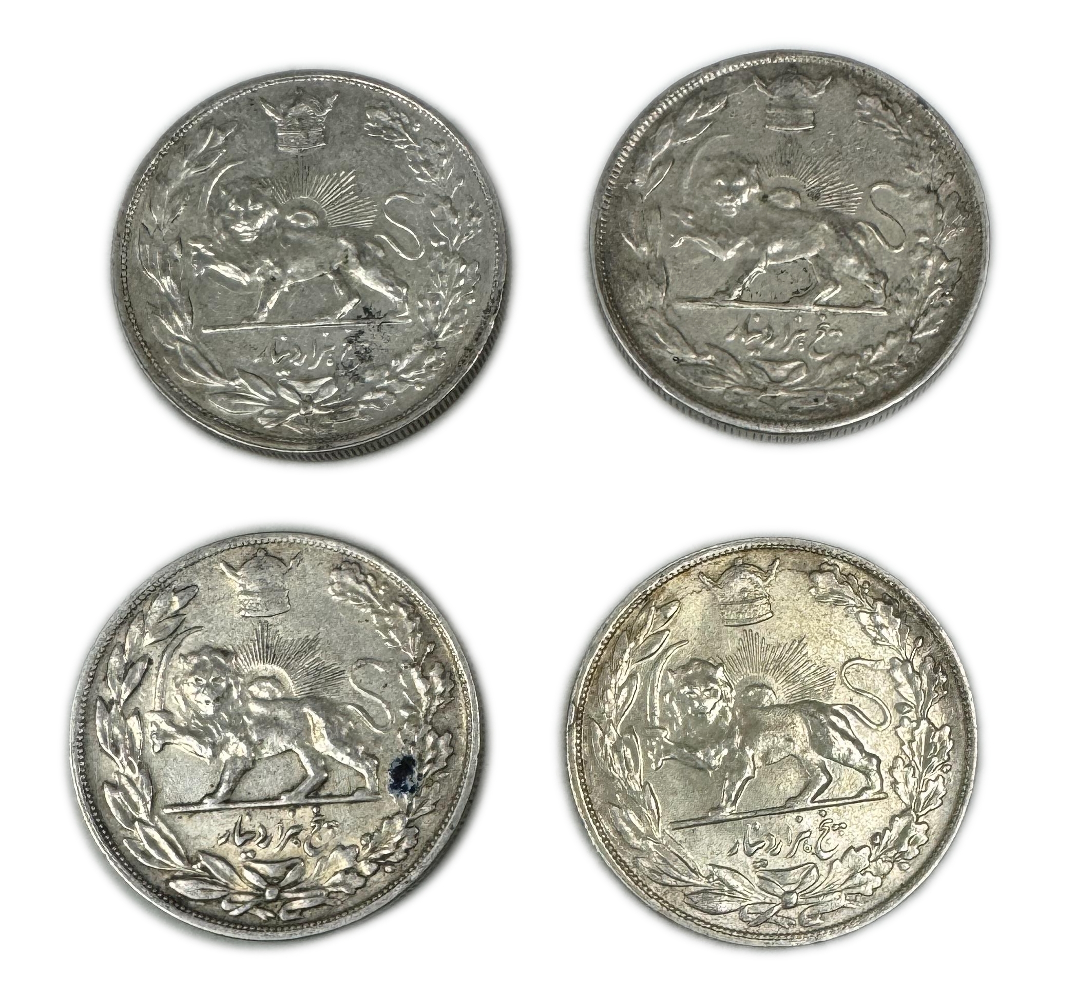 Iran - Lot of 4 coins of 5000 Dinar 1927, 1928, 1929 (AH 1306, 1307, 1308) - Rezā Pahlavī - Silver 900, 23g, 36mm - 1 1
