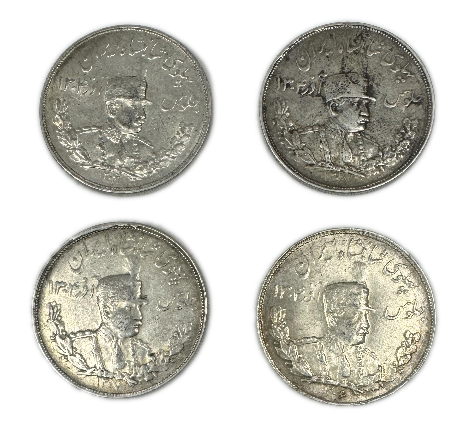 Iran - Lot of 4 coins of 5000 Dinar 1927, 1928, 1929 (AH 1306, 1307, 1308) - Rezā Pahlavī - Silver 900, 23g, 36mm