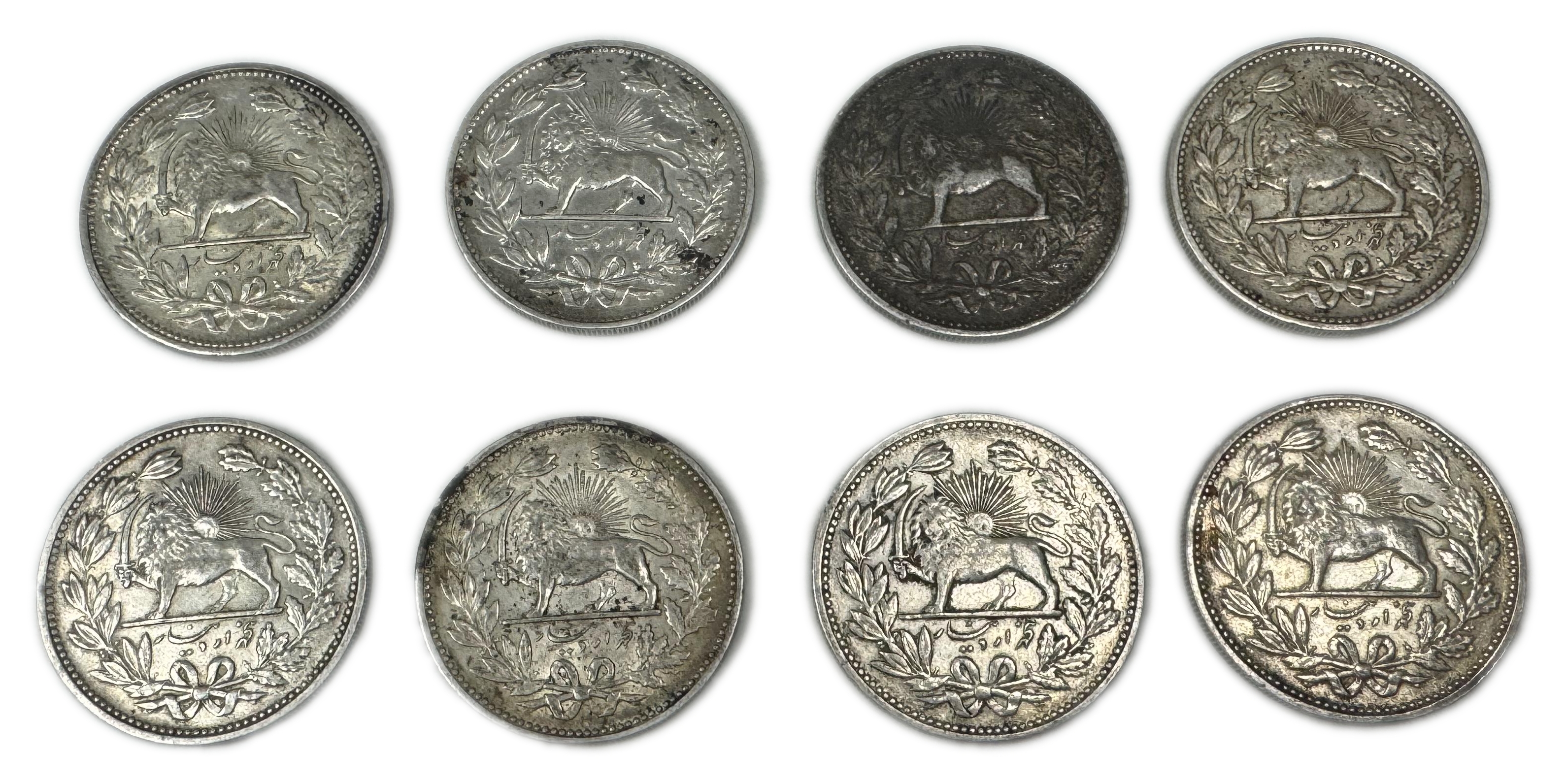 Iran - Lot of 8 coins of 5000 Dinar 1902 (AH 1320) - Moẓaffar od-Dīn Qājār - Silver 900, 23.02g, 37mm - 1 1