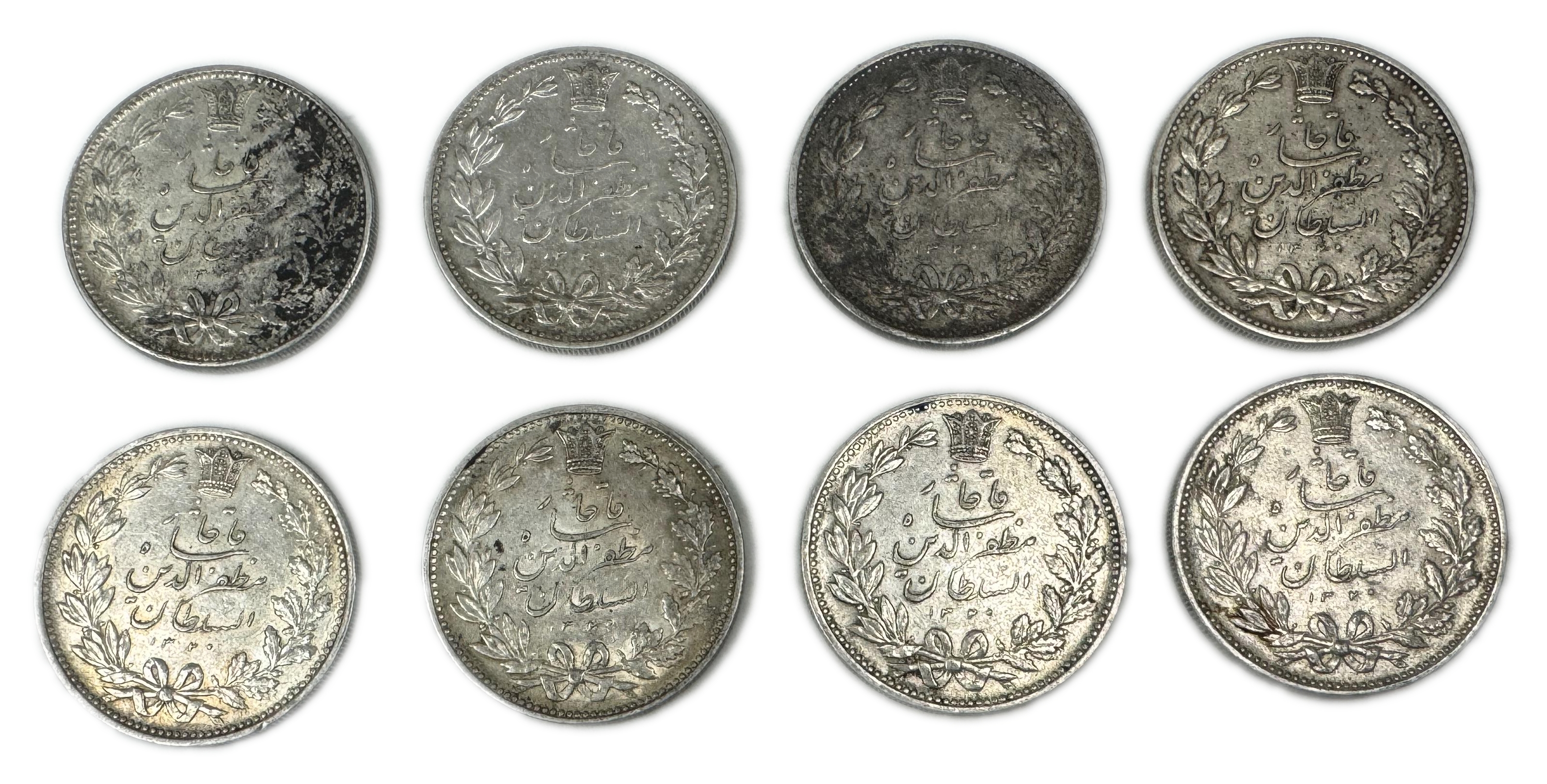 Iran - Lot of 8 coins of 5000 Dinar 1902 (AH 1320) - Moẓaffar od-Dīn Qājār - Silver 900, 23.02g, 37mm