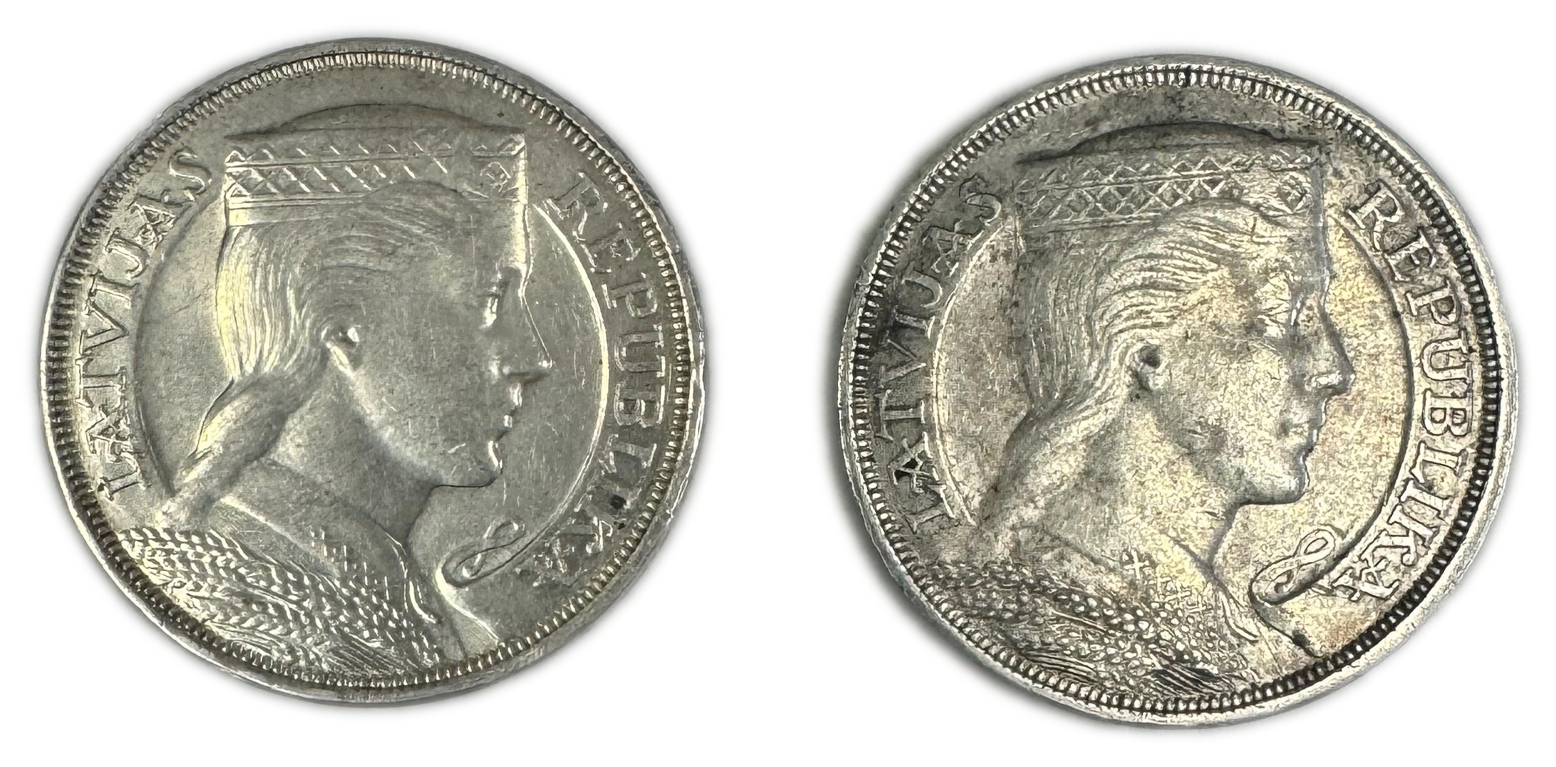 Latvia - Pair coins of 5 Lati 1929, 1931 - Silver 835, 25g each, 37mm - 1 1