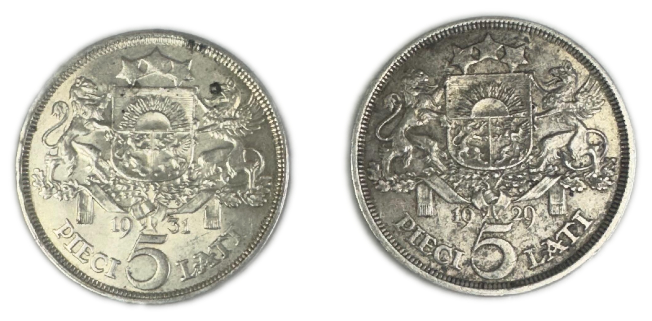 Latvia - Pair coins of 5 Lati 1929, 1931 - Silver 835, 25g each, 37mm - 1 0