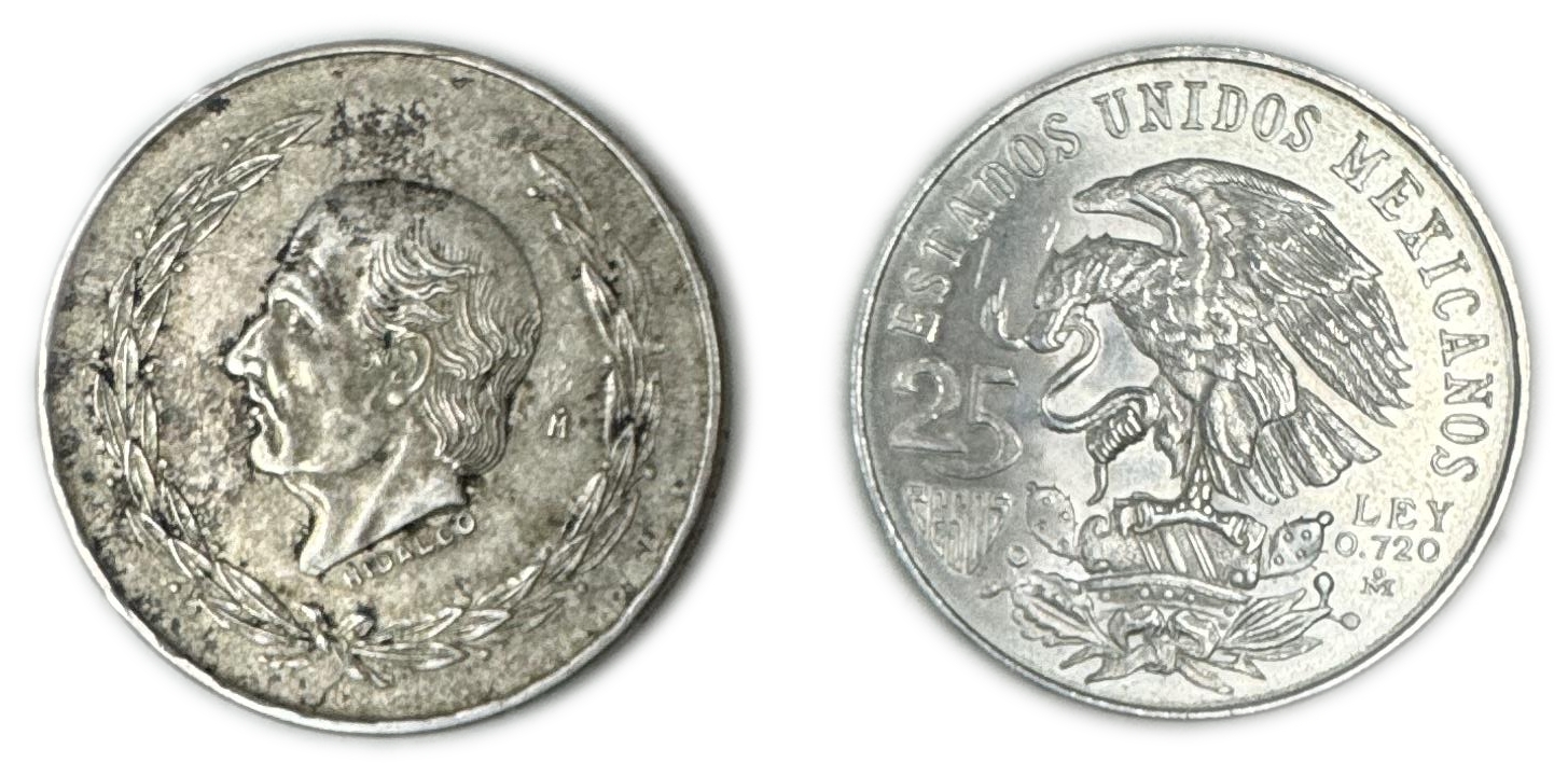 Mexico - Pair of 2 silver coins - 5 Pesos 1953, 25 Pesos 1986 - Silver 720, 27.78g, Silver 925, 8.04g - 1 1
