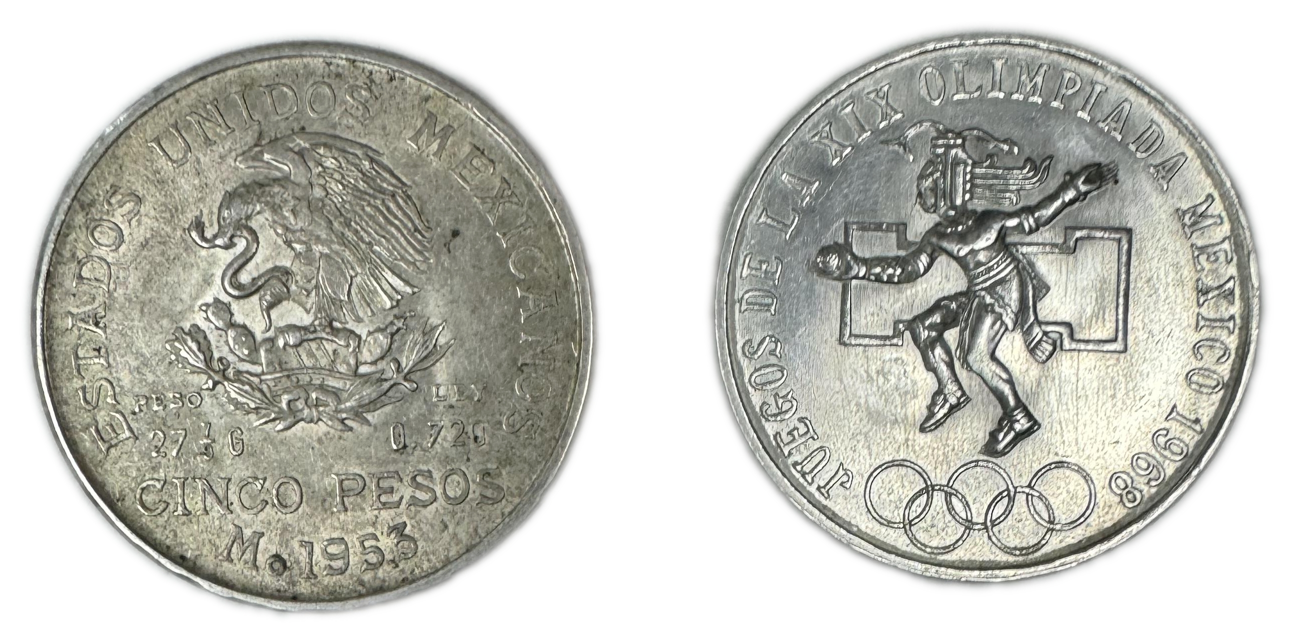 Mexico - Pair of 2 silver coins - 5 Pesos 1953, 25 Pesos 1986 - Silver 720, 27.78g, Silver 925, 8.04g - 1 0