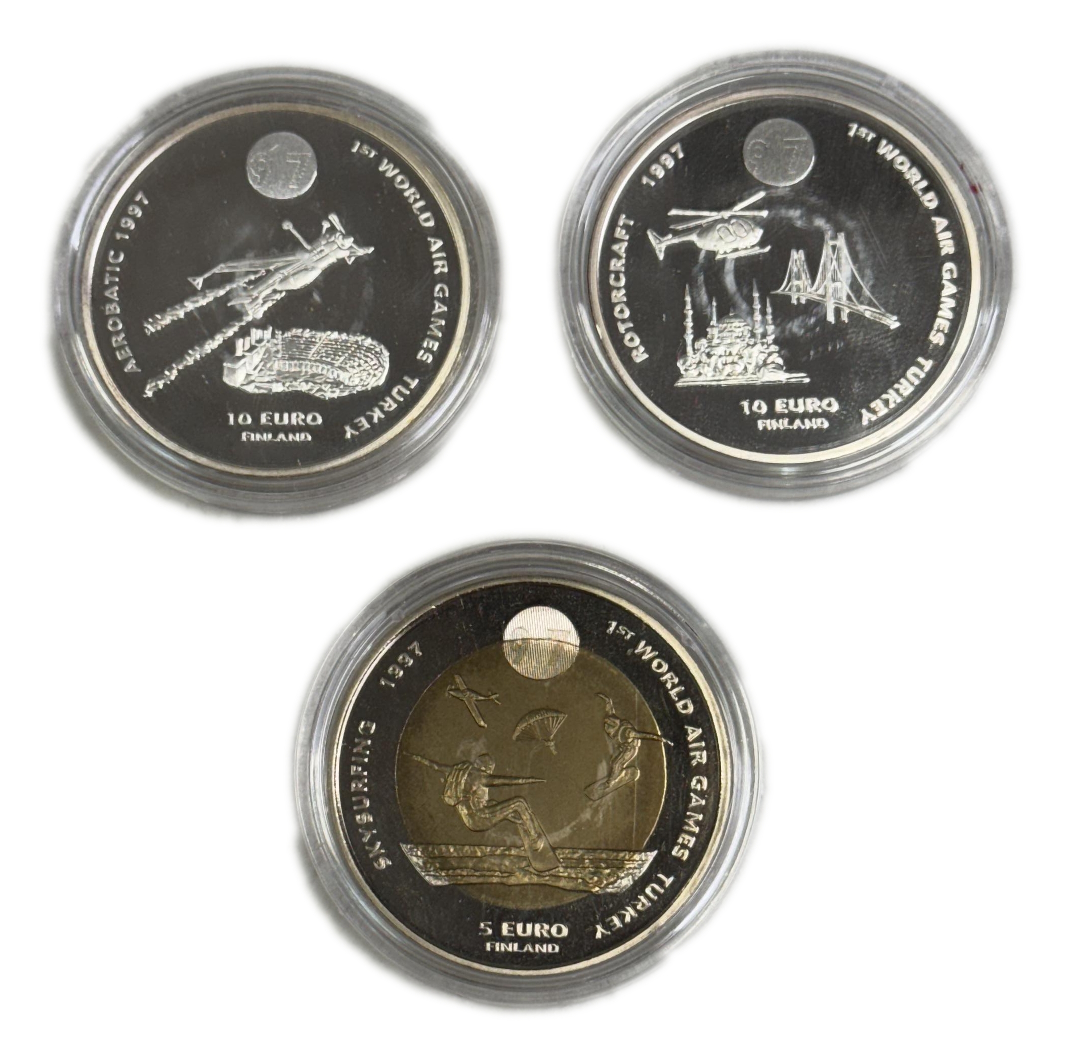 Finland - 2 Sets, both contains coins of 5 and 10 Euros 1997 - Cmmemorating the 1st Air games Turkey - 2 of them ... - 1 1