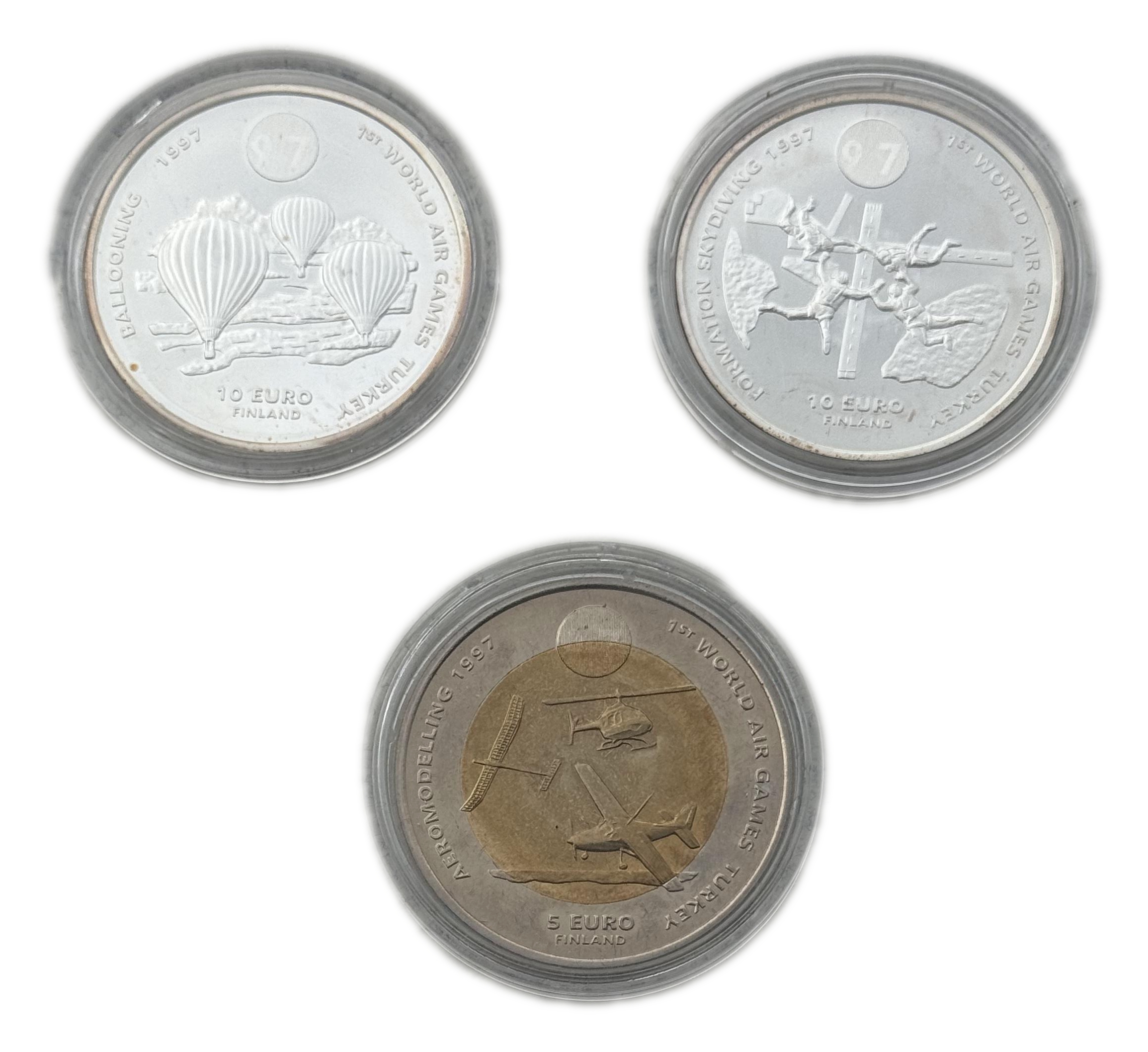 Finland - 2 Sets, both contains coins of 5 and 10 Euros 1997 - Cmmemorating the 1st Air games Turkey - 2 of them ... - 1 3
