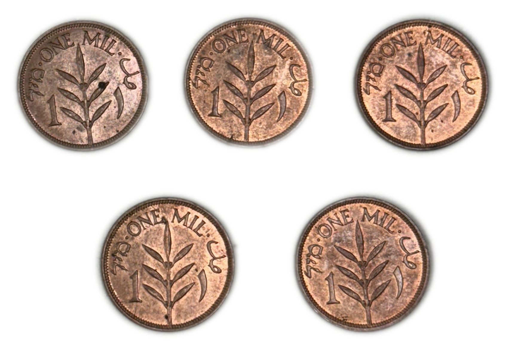 Palestine – Lot of 5 coins of 1 Mil 1944 – UNC - 1 1