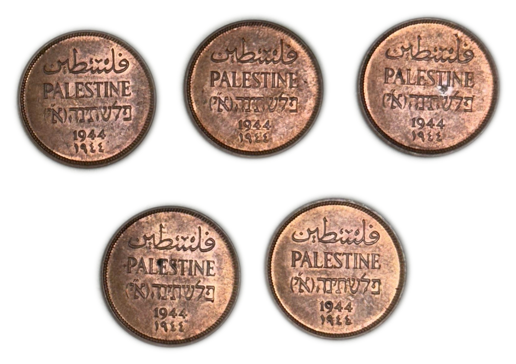 Palestine – Lot of 5 coins of 1 Mil 1944 – UNC - 1 0