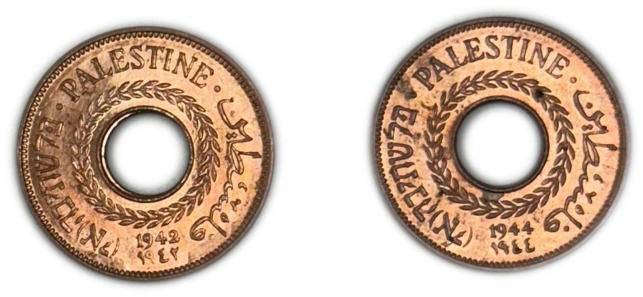Palestine - Pair coins of 5 Mils 1942, 1944 - UNC RED - 1 0