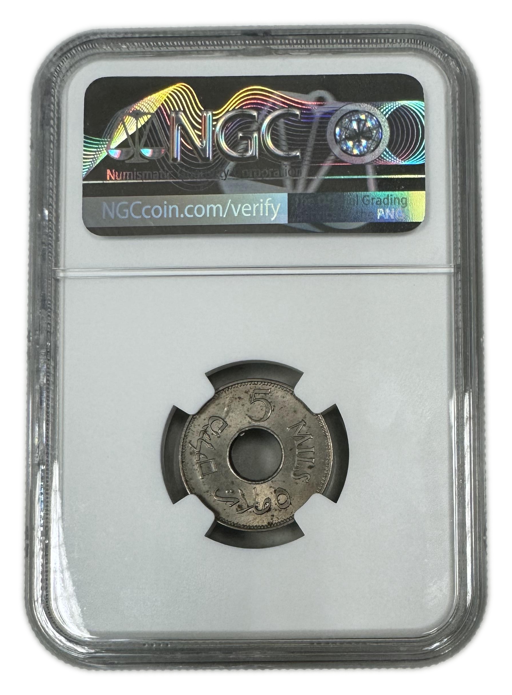 Palestine - 5 Mils 1941 - Minting error, Reverse struck thru - NGC MS 63 - Key date - 1 3