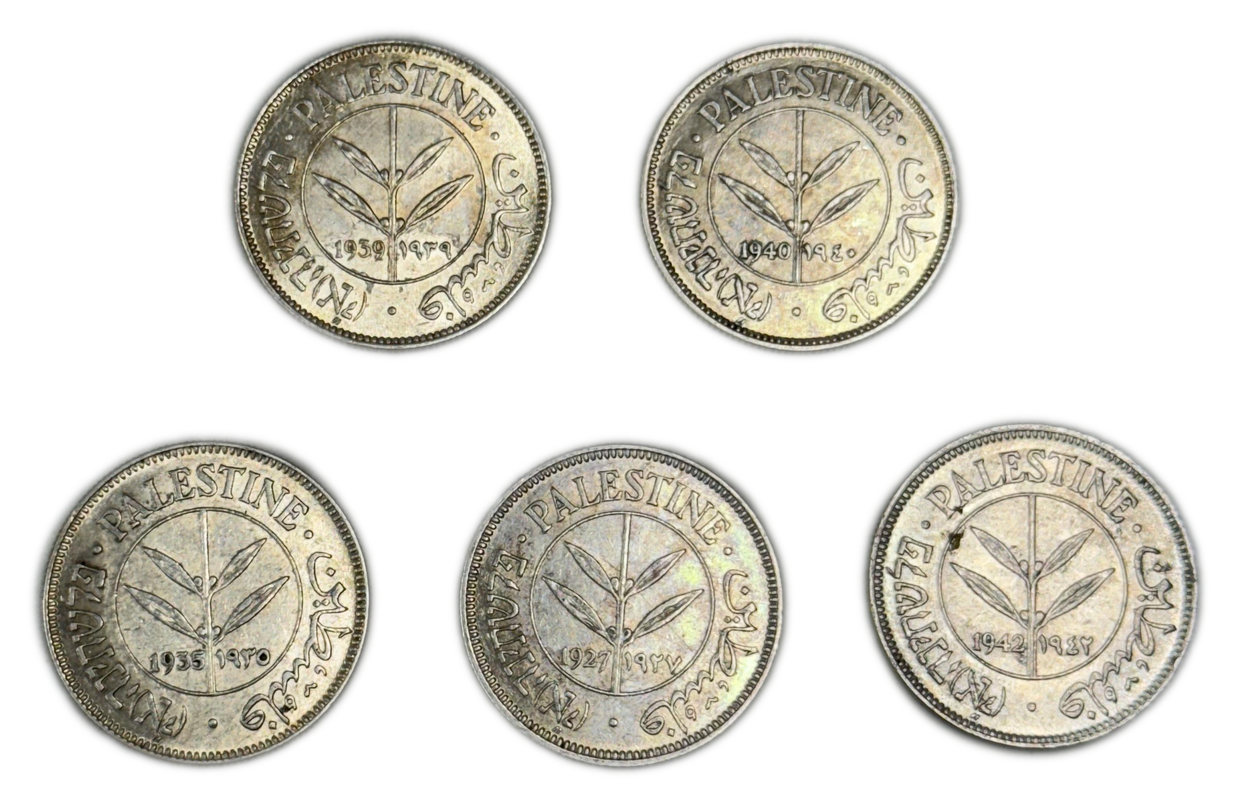Palestine - Lot of 5 coins 50 mils 1927, 1935, 1939, 1940, 1942 - AU - 1 0