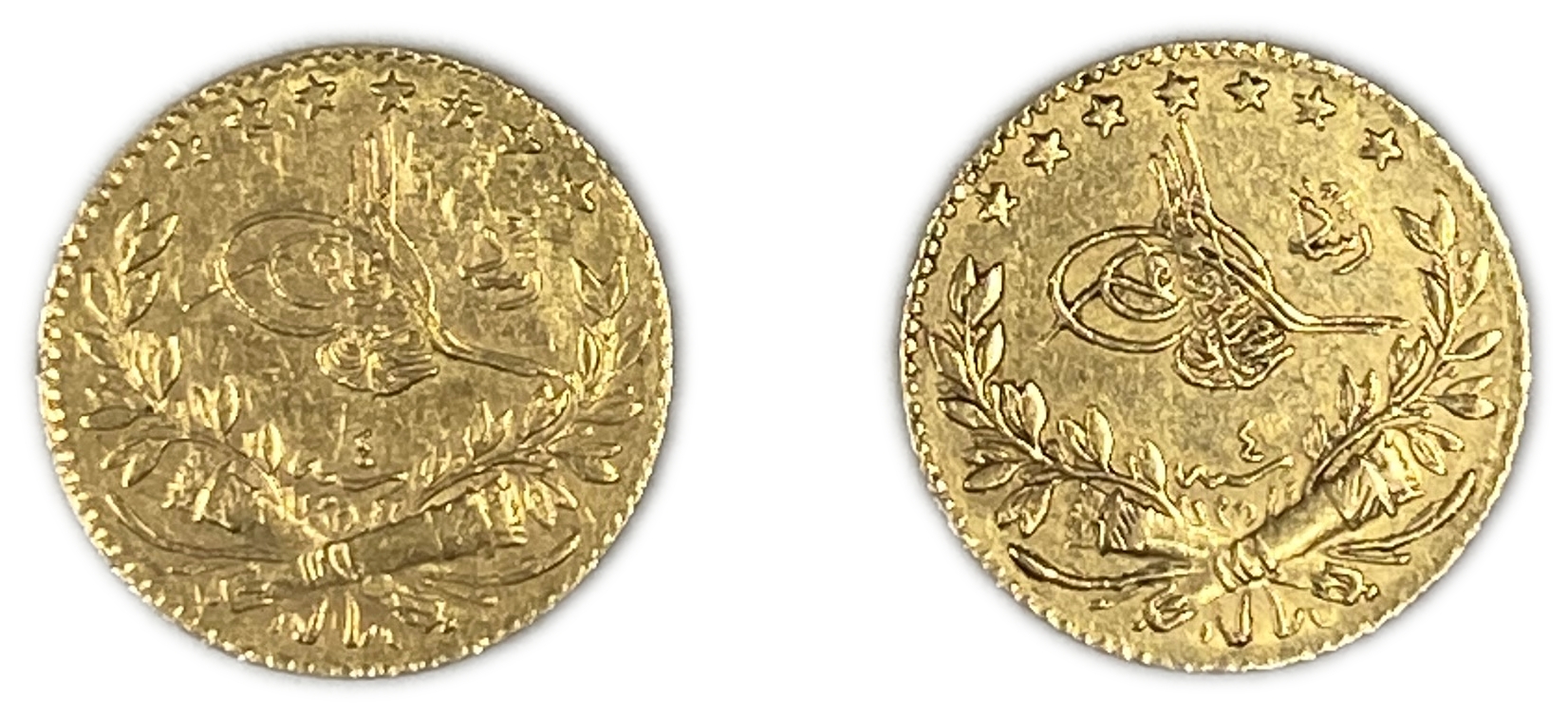 Turkey / Ottoman Empire - Pair coins of 25 Kurush 1912 (AH 1327/4) - Mehmed V - Gold 917, 1.8g each, 14.5mm - 1 0
