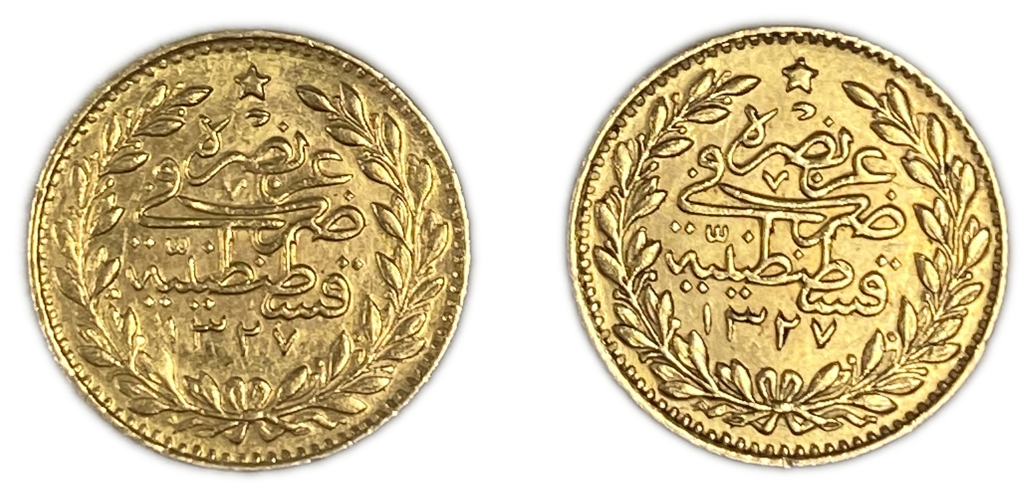 Turkey / Ottoman Empire - Pair coins of 25 Kurush 1912 (AH 1327/4) - Mehmed V - Gold 917, 1.8g each, 14.5mm - 1 1