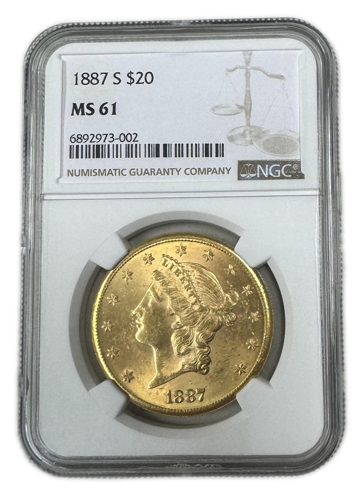 USA – 20 Dollars 1887 S – Liberty Head – Double Eagle – NGC MS 61 - Gold 900, 33.41g, 34mm - 1 2