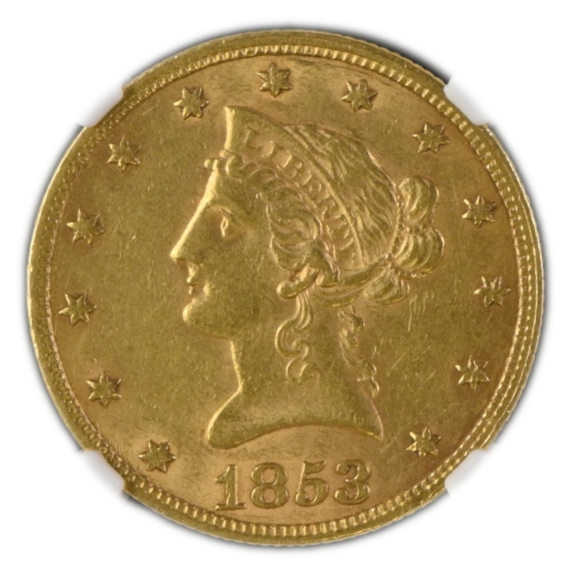 USA - 10 Dollars 1853 - 3 over 2 - Coronet Head - No motto - NGC AU 58 - Gold 900, 16.71g, 27mm - 1 0