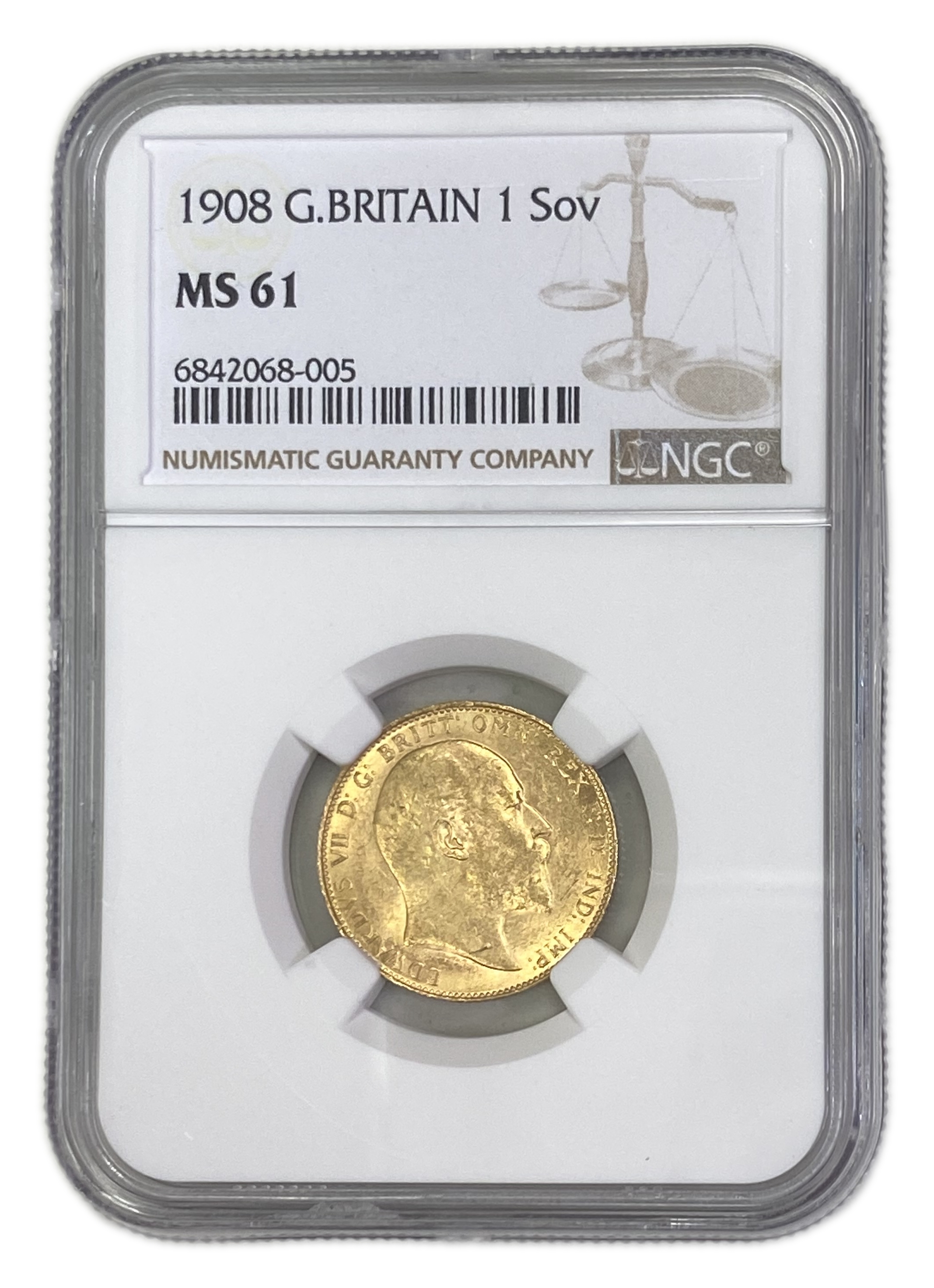 England (Great Britain) – 1 Sovereign 1908 – Edward VII – NGC MS 61 - Gold 917, 7.988g