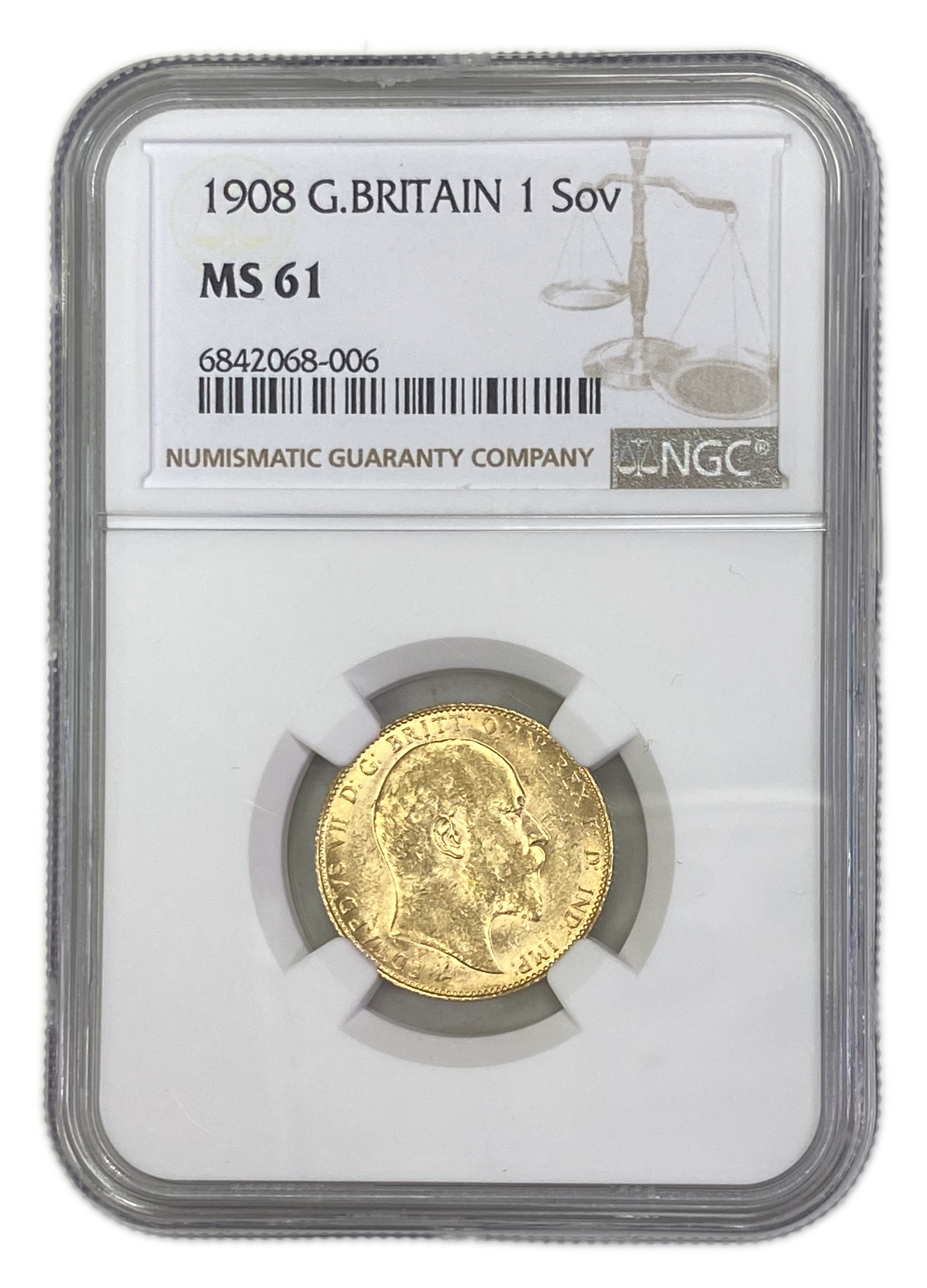England (Great Britain) – 1 Sovereign 1908 – Edward VII – NGC MS 61 - Gold 917, 7.988g