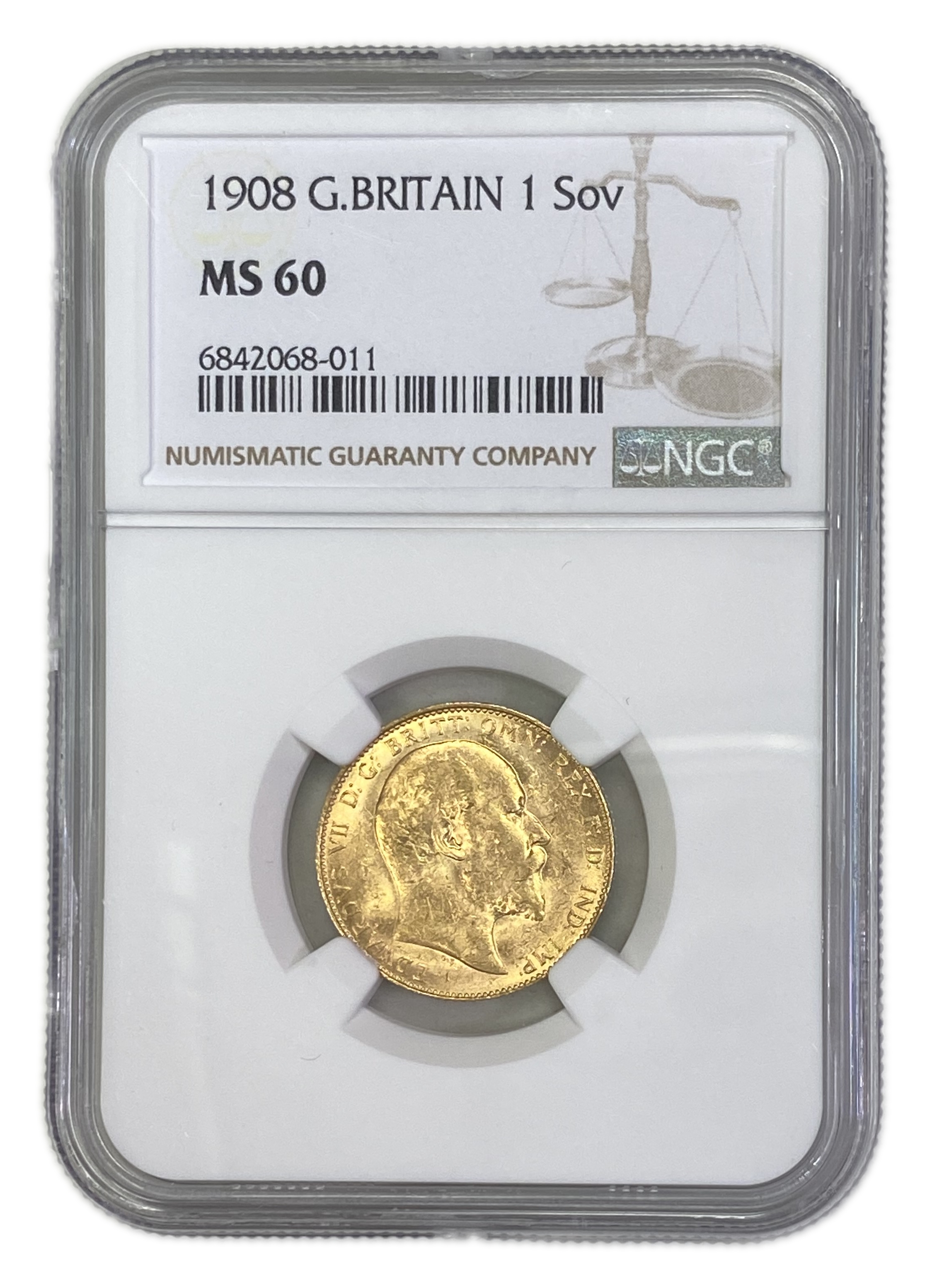 England (Great Britain) – 1 Sovereign 1908 – Edward VII – NGC MS 60 - Gold 917, 7.988g