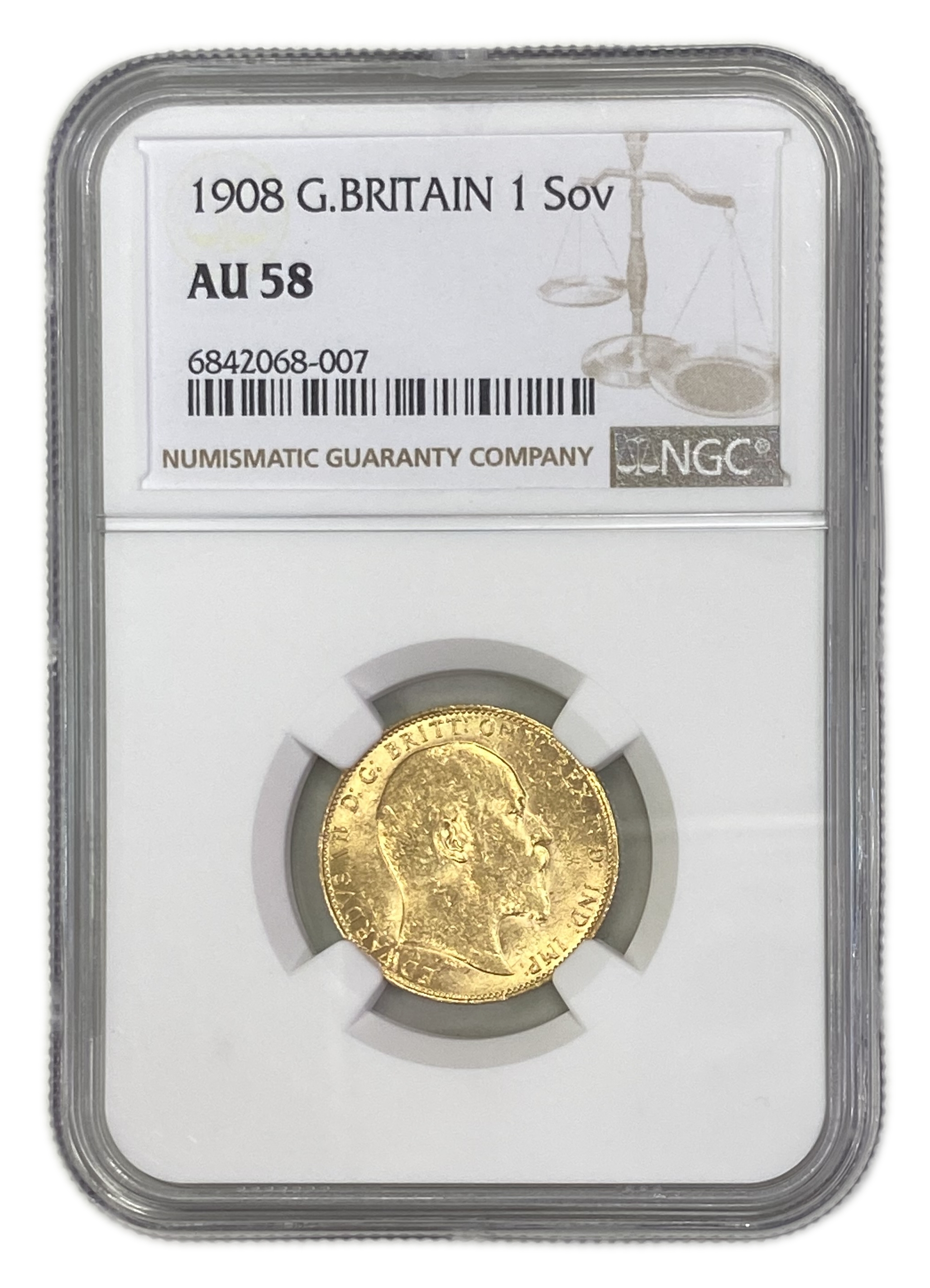 England (Great Britain) – 1 Sovereign 1908 – Edward VII – NGC AU 58 - Gold 917, 7.988g