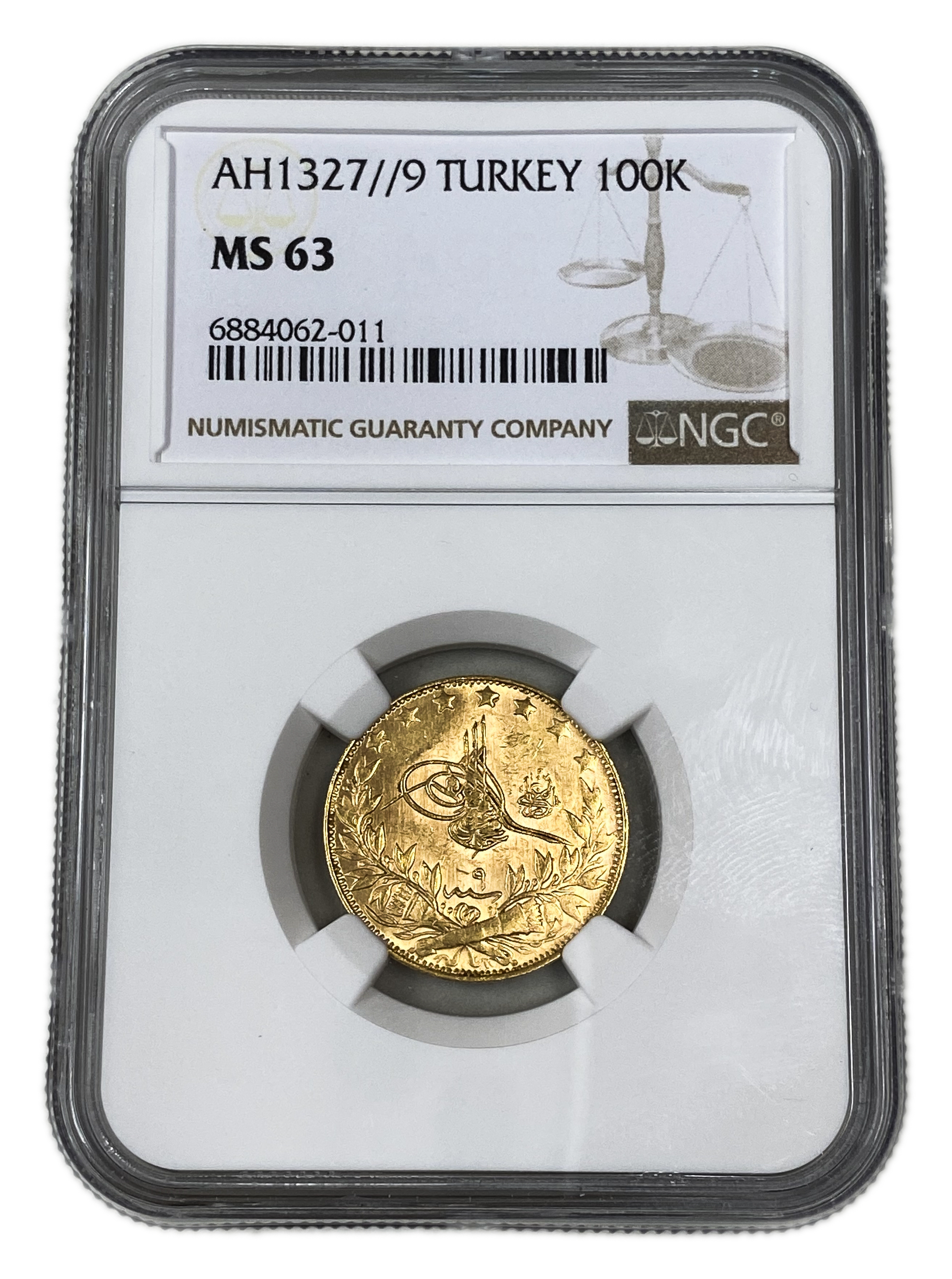 Turkey / Ottoman Empire - 100 Kurush 1909-1927 (AH 1327), year 9 (1917) - Mehmed V - Gold 916, 7.21g - NGC MS 63 - Rare - 1 2