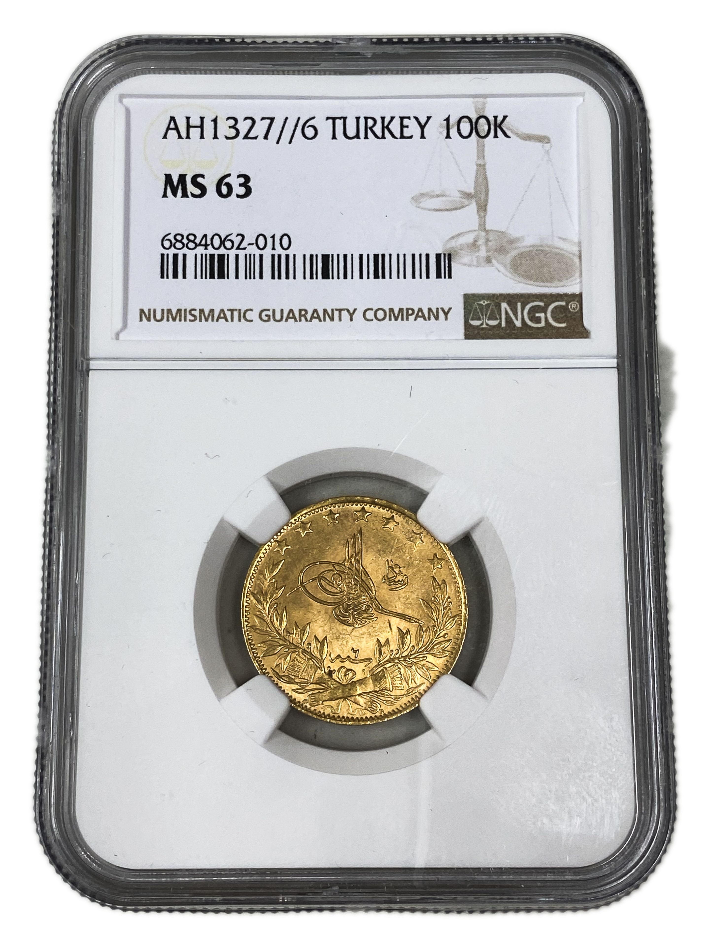 Turkey / Ottoman Empire - 100 Kurush 1909-1927 (AH 1327), year 2 (1909) - Mehmed V - Gold 916, 7.21g - NGC MS 63 - Rare - 1 2