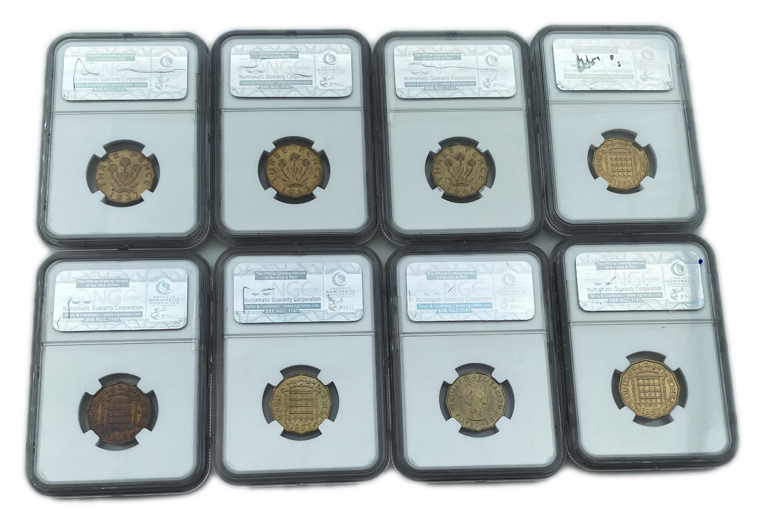 England - 3 pence from the years 1937, 1943, 1944, 1953, 1958, 1963, 1966, 1967 - all NGC graded MS 63, 64, 65 - 1 1