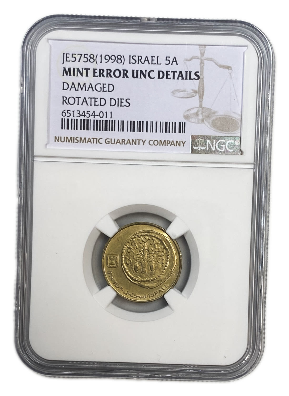 Israel - 5 Agorot 1998 - Minting Error - Rotated 180 degrees - NGC UNC DETAILS - 1 2