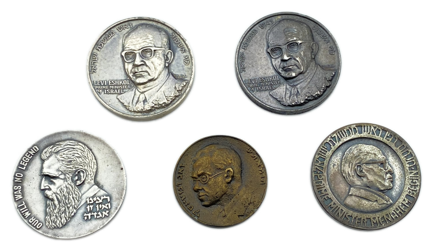 Israel - 5 silver and bronze medals on the subjects of portraits of Levi Eshkol, Ze'ev Jabotinsky, Benjamin Ze'ev ...